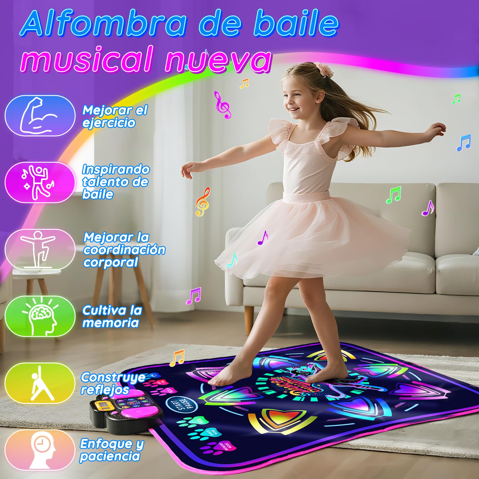 MOMUSE Alfombra de Baile con 2 Modos, Alfombra Musical | Luces LED, 9 Niveles, Volumen de 5 Niveles, Juguete Regalo Cumpleaños Navidad para Niñas Niños 3 4 5 6 7 8