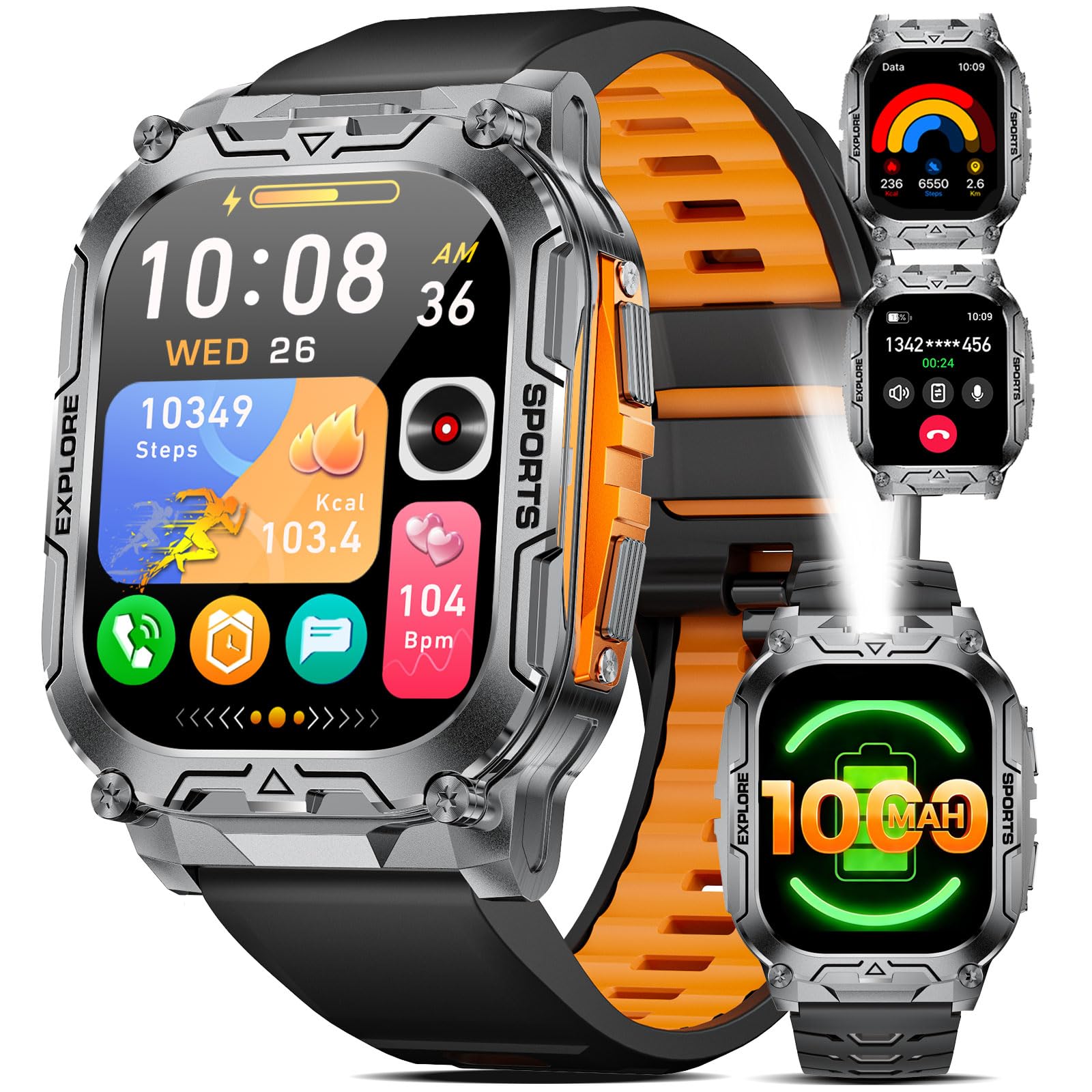 Smartwatch Herren Militär mit 1000mAh Akku/Telefonfunktion,Herzfrequenz/Schlafmonitor/IP68 Wasserdicht/2 Armbänders (Grau)
