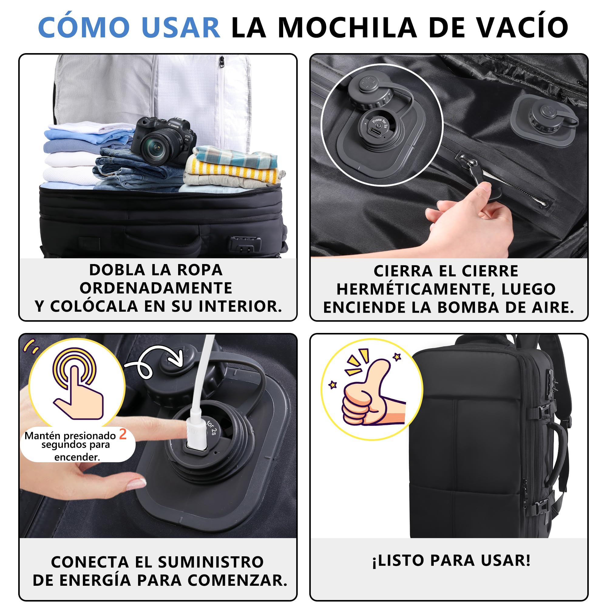 EASYSPEED Mochila de Viaje para Cabina de Avión 80L, Mochila al Vacío con Sistema de Compresión de Aire, Expandible, Resistente al Agua, Aprobada por TSA, para Embarque, Viajes, Senderismo y Acampada