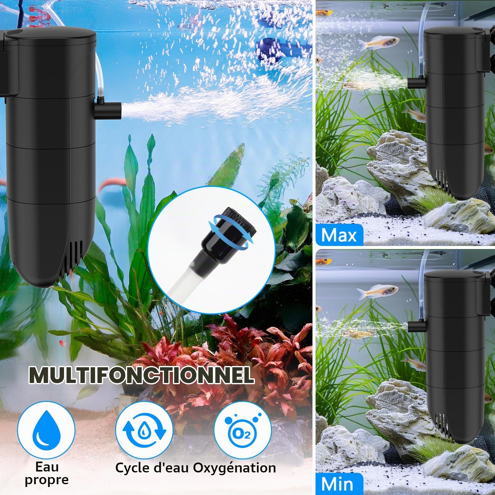 fishkeeper Aquarium Filtre intérieur d'aquarium, 13w débit 700LPH Pompe d'aquarium avec Filtre, Triple Filtration Propre pour Aquarium 250L