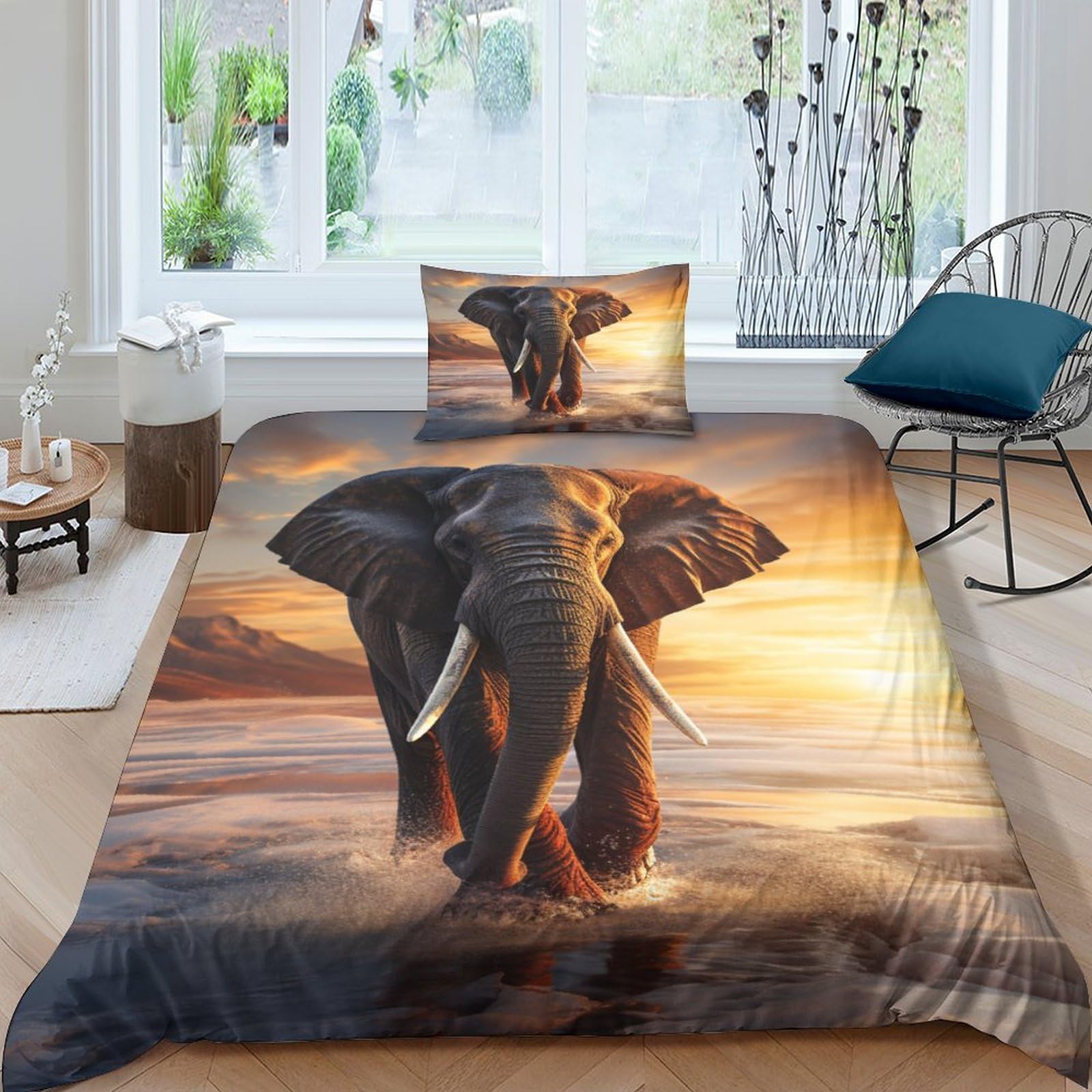 GEEYOU Elephant Lovingly Duvet Cover Set Hidden Zipper African Elephant Quilt Cover Set with Pillowcases Bedding Set Soft Microfiber Comforter Cover Various Sizes for Kids Adults Single（135x200cm）