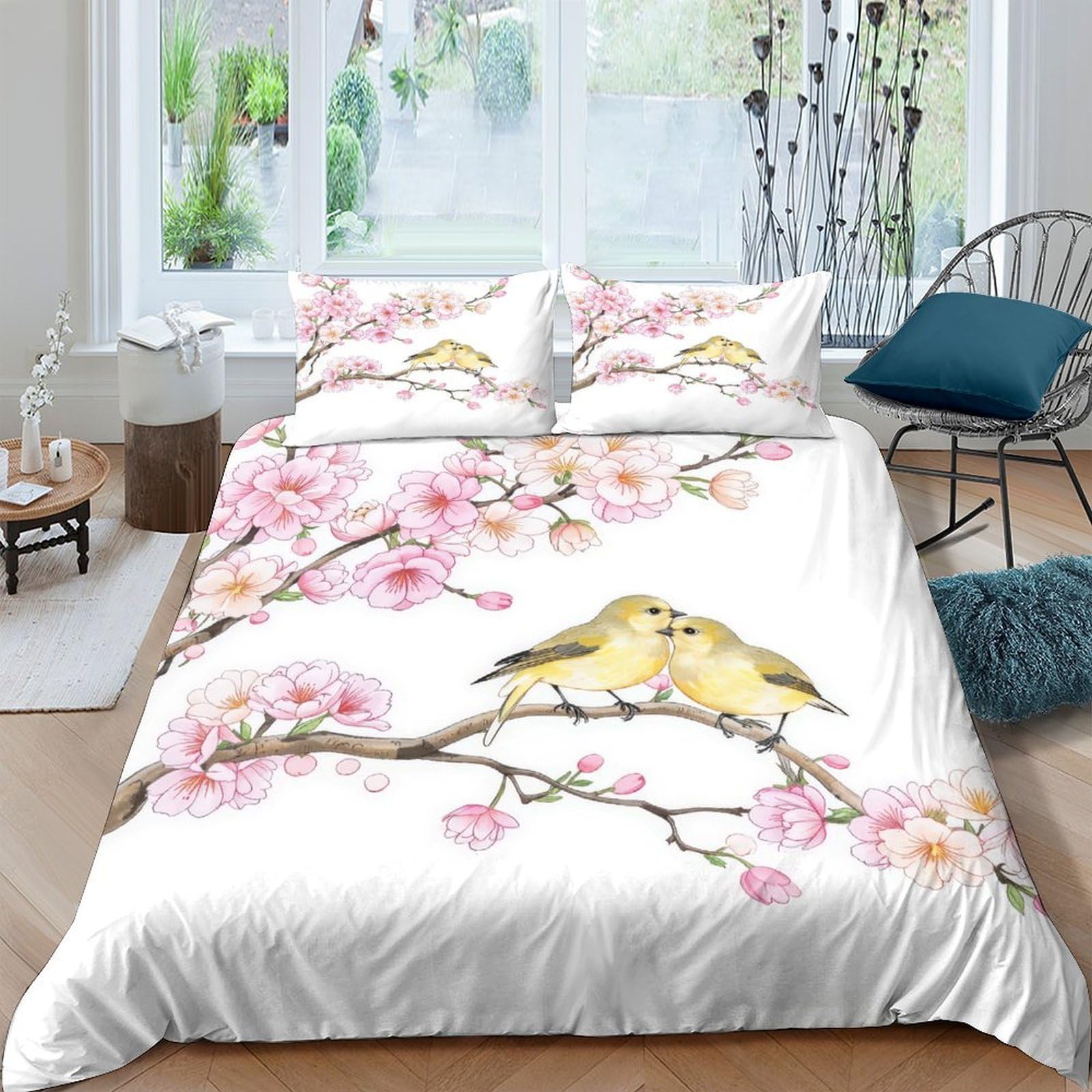GPLZQXKJNH 3D Printed Blossom Bird Duvet Cover Microfiber Soft Breathable Sakura Bedding Set with 2 Pillowcases for Bedroom Decor, Single（135x200cm）