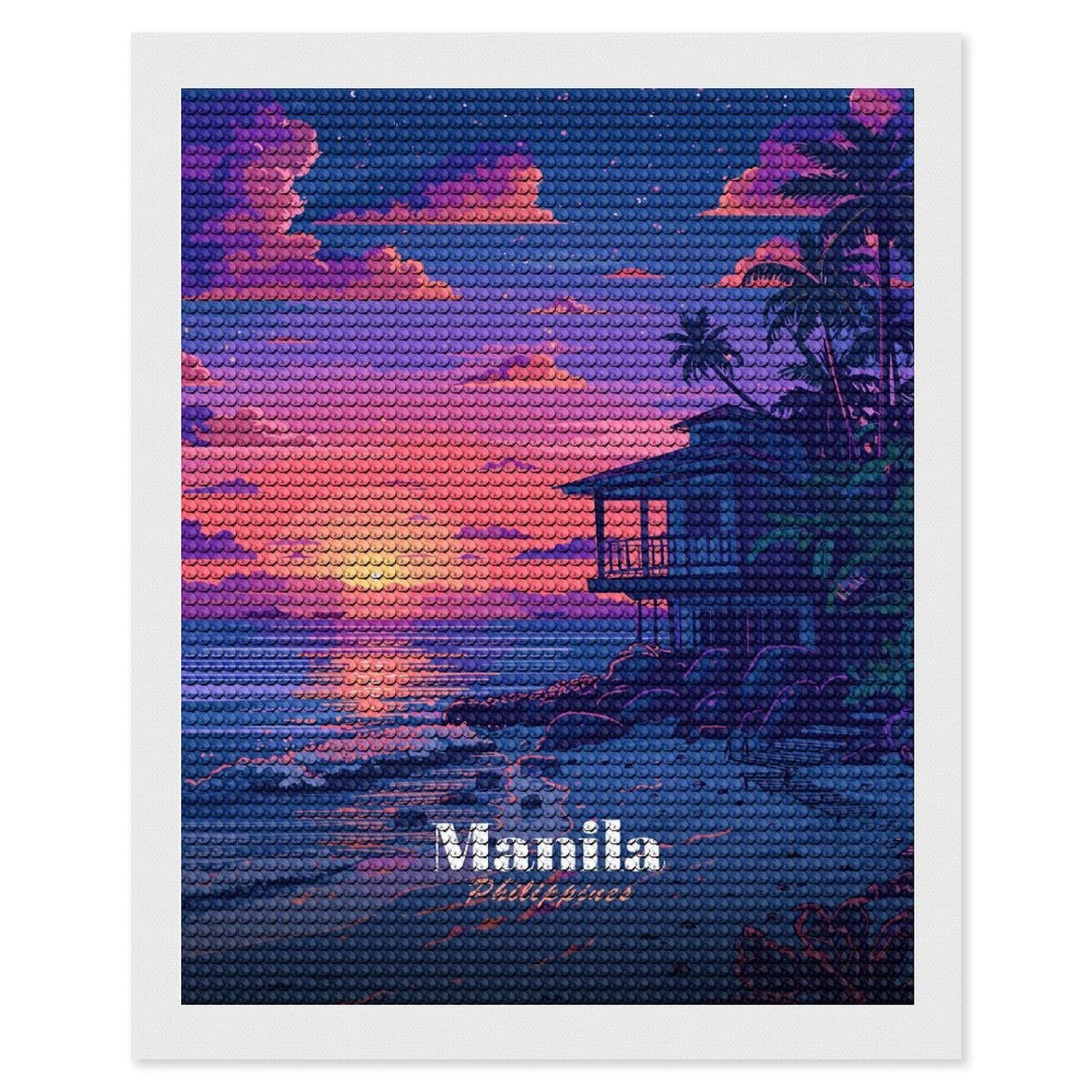 Junmoney Manila Philippines Sunset Beach House Diamond Painting Kit 16"x20", Adhesive Canvas, Home Wall Decor, for Beginners, Birthday Gift, Full Kit Included
