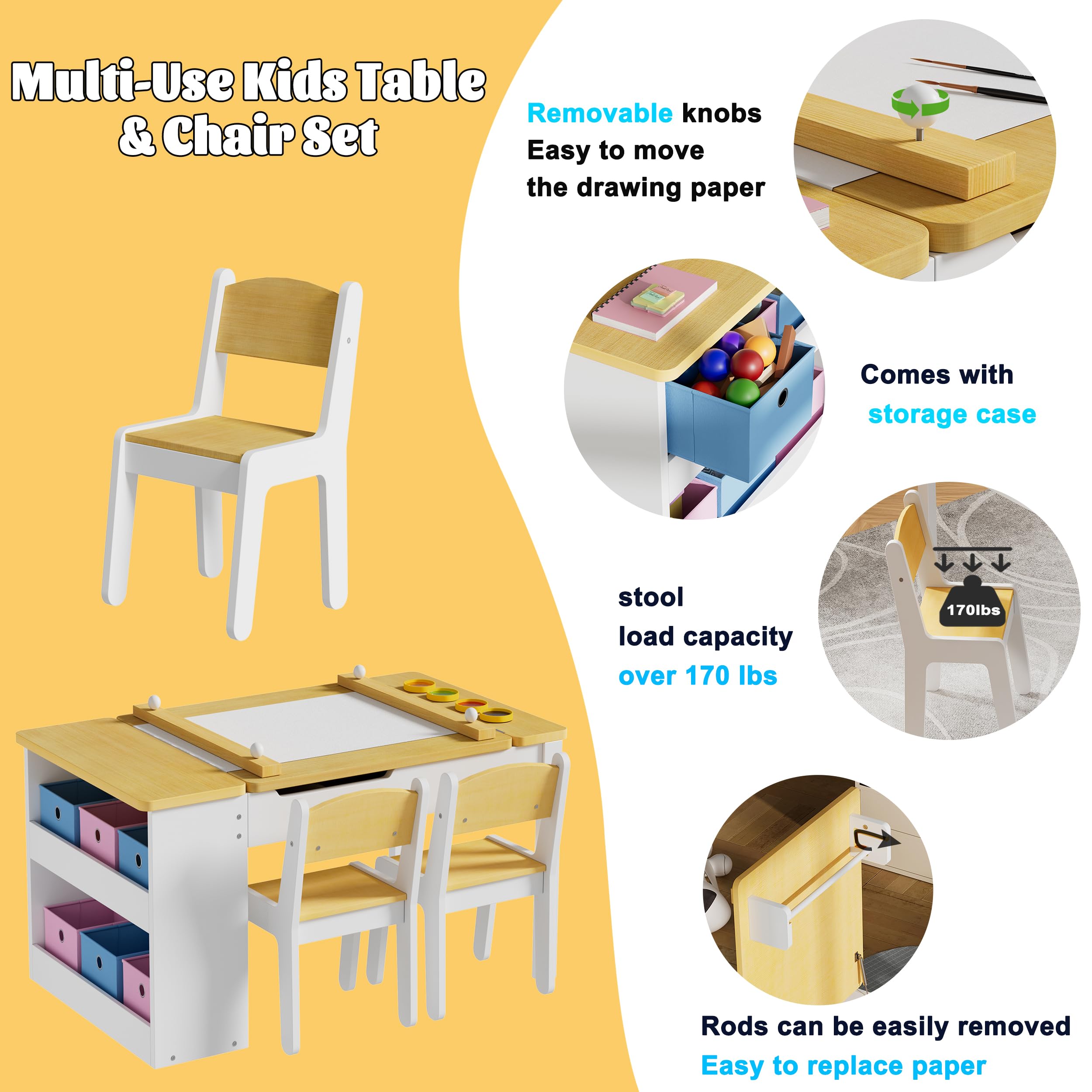 Table Enfant avec 2 Chaises en Bois, Plateau Inclinable, Coloriage, 110x62x53.4 cm