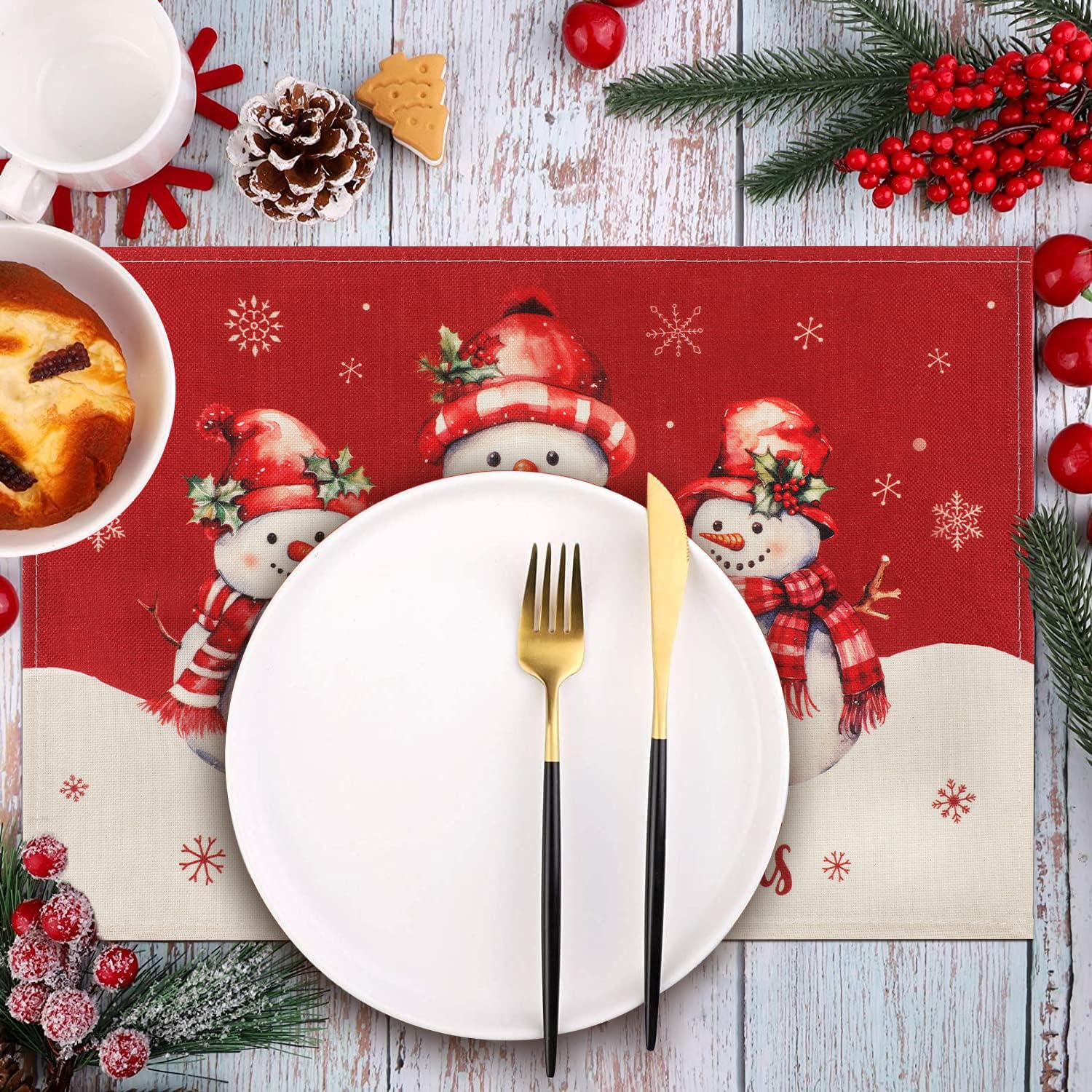 Weihnachtliche Tischsets, 6er Set – 45x33 Cm, Rot Mit Gnome-Motiv, Wasserabweisend, Aus Baumwolle & Leinen