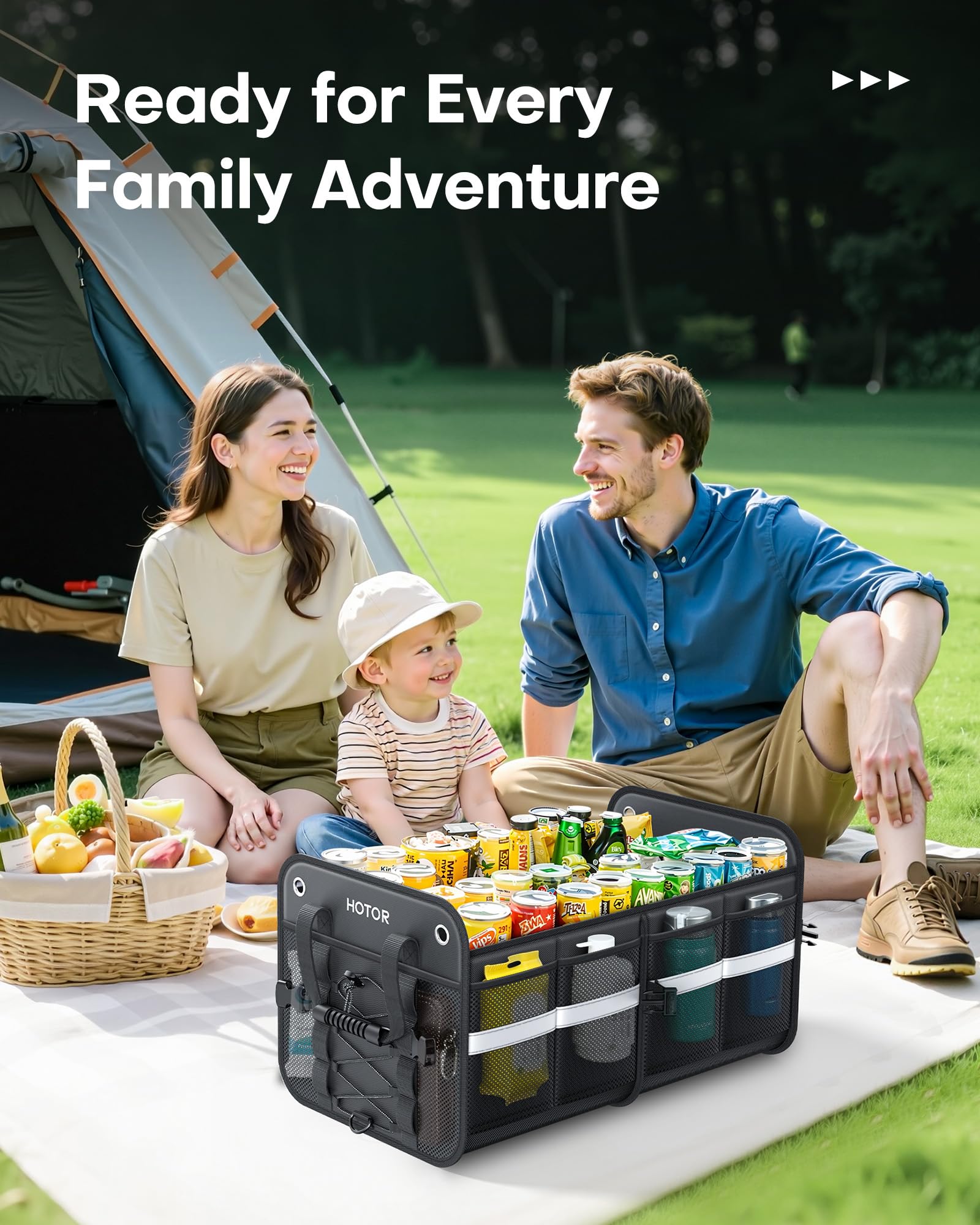 HOTOR Trunk Organizer for SUV – Car Storage Box with Reflective Strips, Collapsible Car Organizer with Large Capacity, Essential Car Accessories for Truck, Van & Sedan, Black, 22.1" x 13.0" x 12.0"