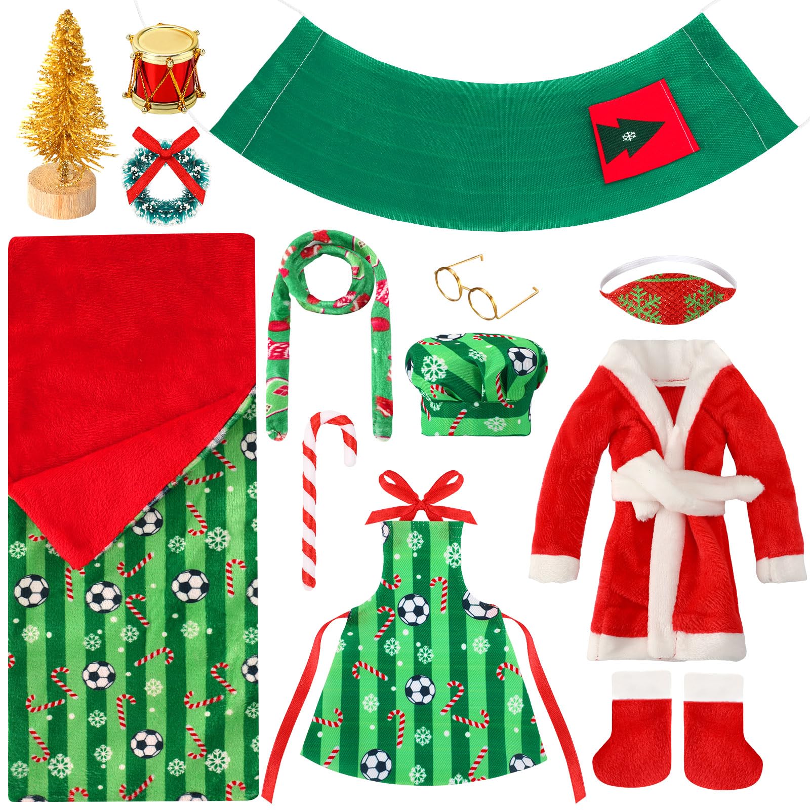UPINS 13 Pcs Christmas Elf Doll Accessories Set with Christmas Sleeping Bag Bathrobe Apron and Chef Hat Glasses Scarf Hammock Xmas Accessory for Doll Decorations