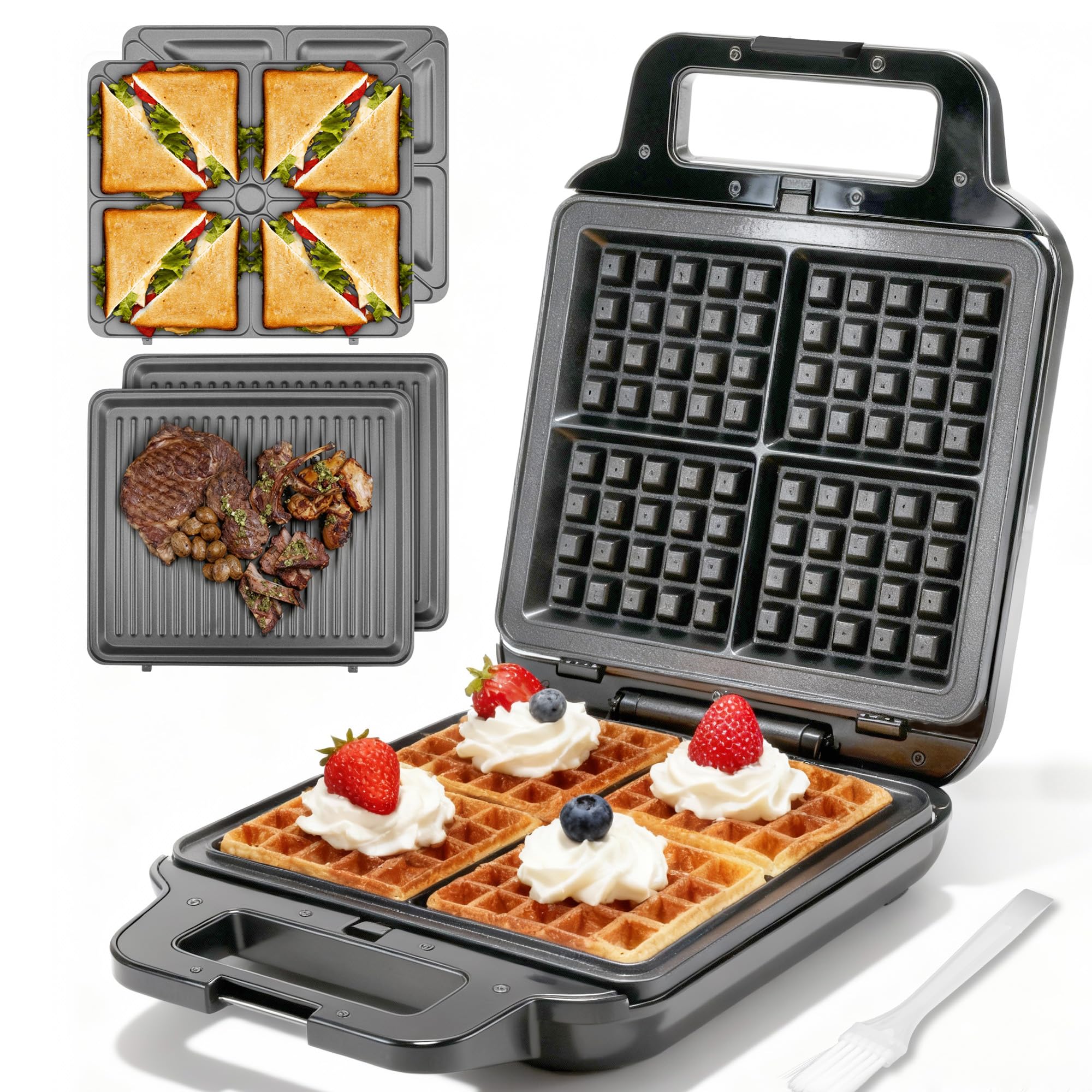 Belgian Waffle Maker with Removable Plates, Waflera Electrica, Large Waffle Iron, 3 in 1 Panini Grill Press Breakfast Sandwich Maker, Electric Griddle, Grilled Cheese Maker, Breakfast Station