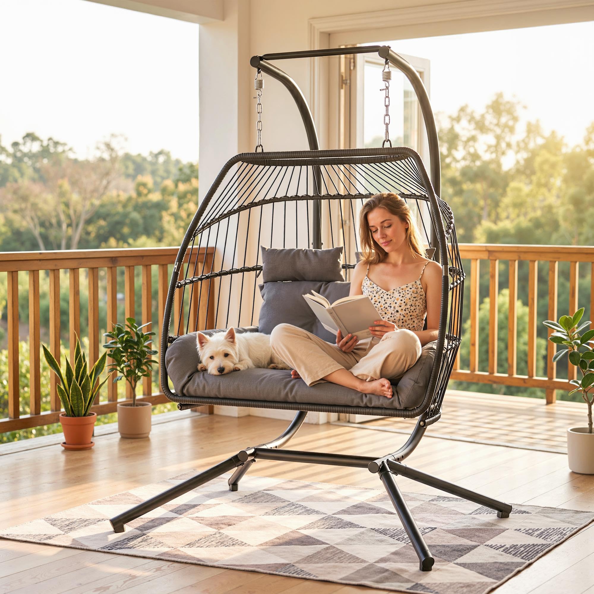 Outsunny Wiszący fotel składany z ramą dla 2 osób 260 kg Ciemnoszary | Kosz wiszący z poduszkami, Polyrattan, ergonomiczny, huśtawka, krzesło wiszące, fotel na balkon i taras