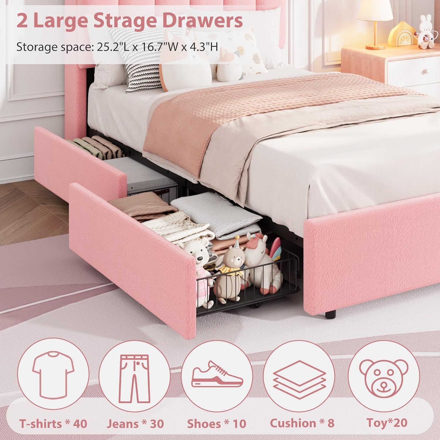 IDEALHOUSE Twin-XL Size Bed Frame with LED Headboard and Storage Drawers, Platform Bed with Wavy Headboard and Bookcase, No Box Spring Needed, Upholstered Bed for Girls, Pink