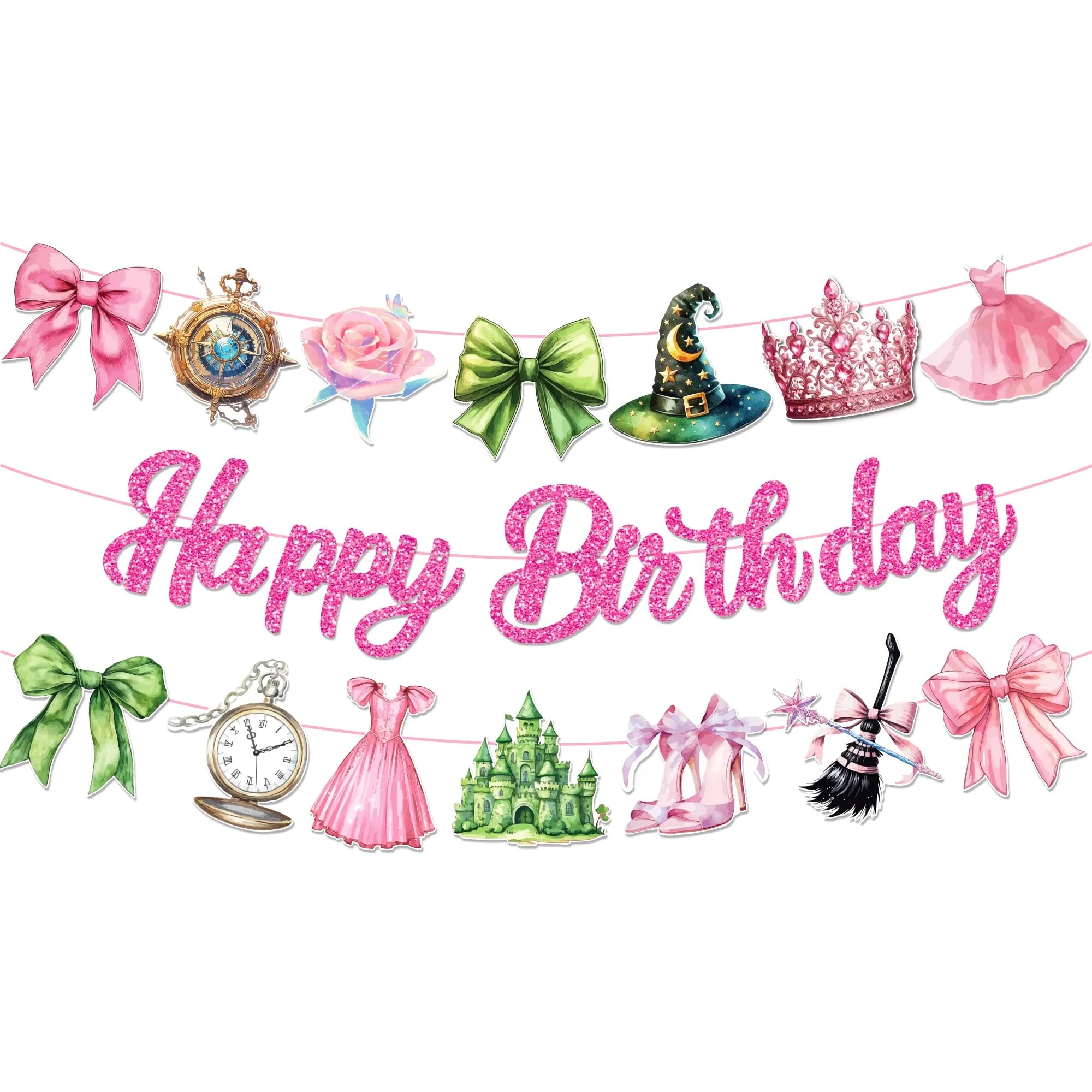 Witch and Princess Happy Birthday Banner, Pink and Green Party Sign Decorations, Girl Boy Theme Supplies, Bday Kids 1st First Decor