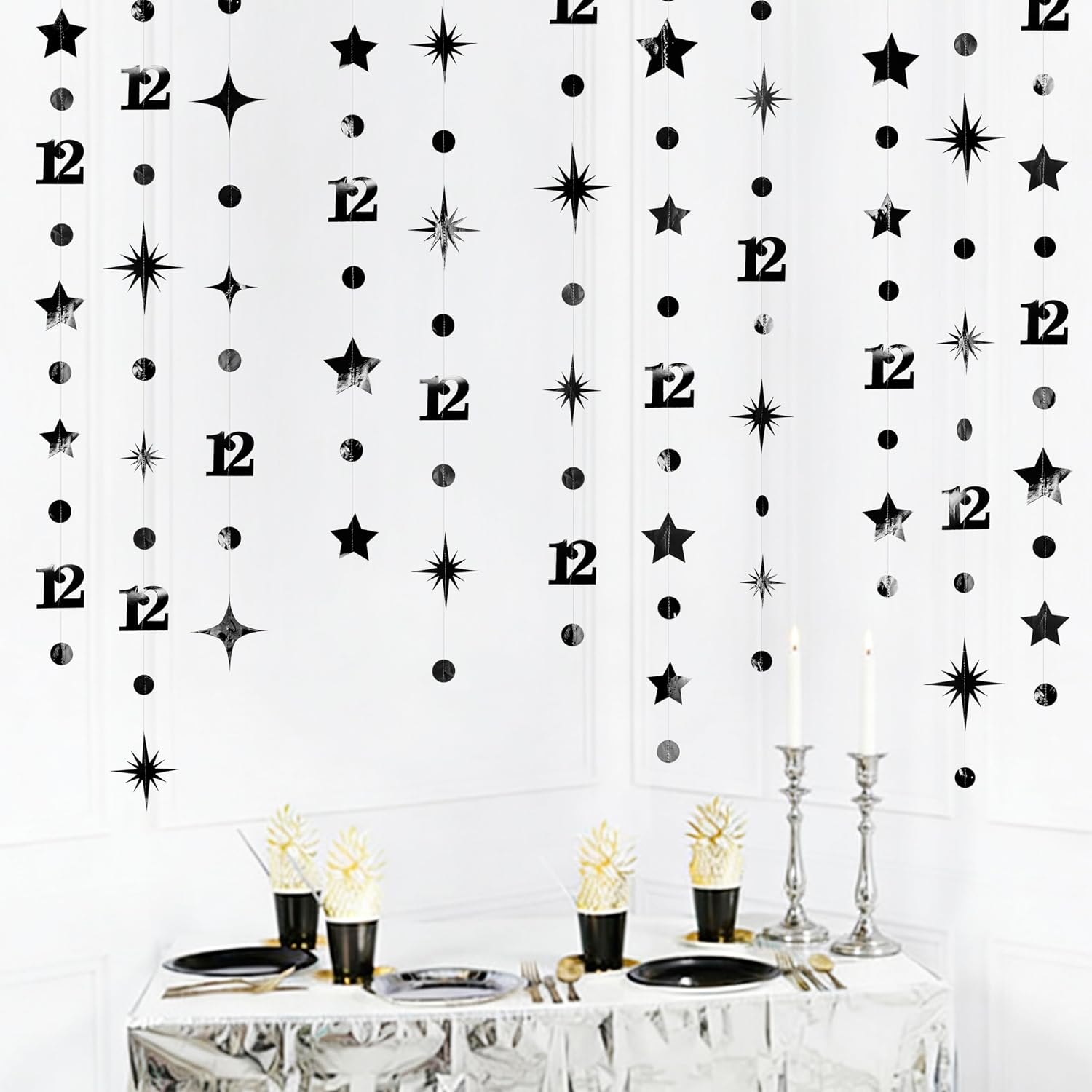 Black 12th Birthday Decorations Number 12 Circle Dot Star Garland Metallic Hanging Streamer Banner Backdrop for Girls Boys Cheers to 12 Years Old Birthday Happy 12th Anniversary Party Supplies