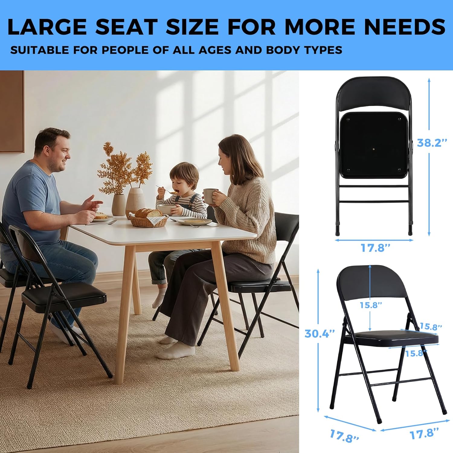 4 Pack Folding Chairs with Cushion, Comfortable PU Leather Padded Foldable Dining Chairs, Heavy Duty Steel Frame, Portable Chairs for Bedroom, Dining Room, Office, Patio, Indoor & Outdoor Use (black)