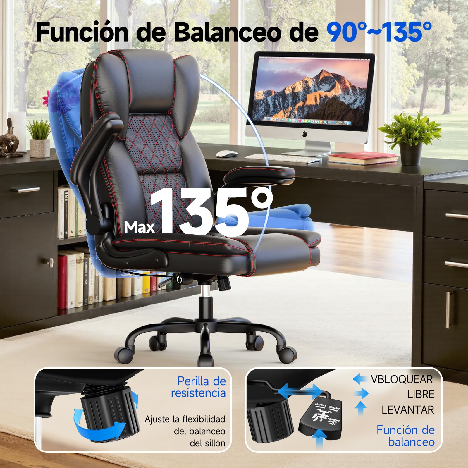 rattantree Silla de Oficina, Sillas de Escritorio Ergonómica con Reposabrazos Abatibles de 90°, Ruedas Giratorias, Tapizado de Cuero y Altura Ajustable, Adecuada para Uso en La Oficina y Hogar, Negro