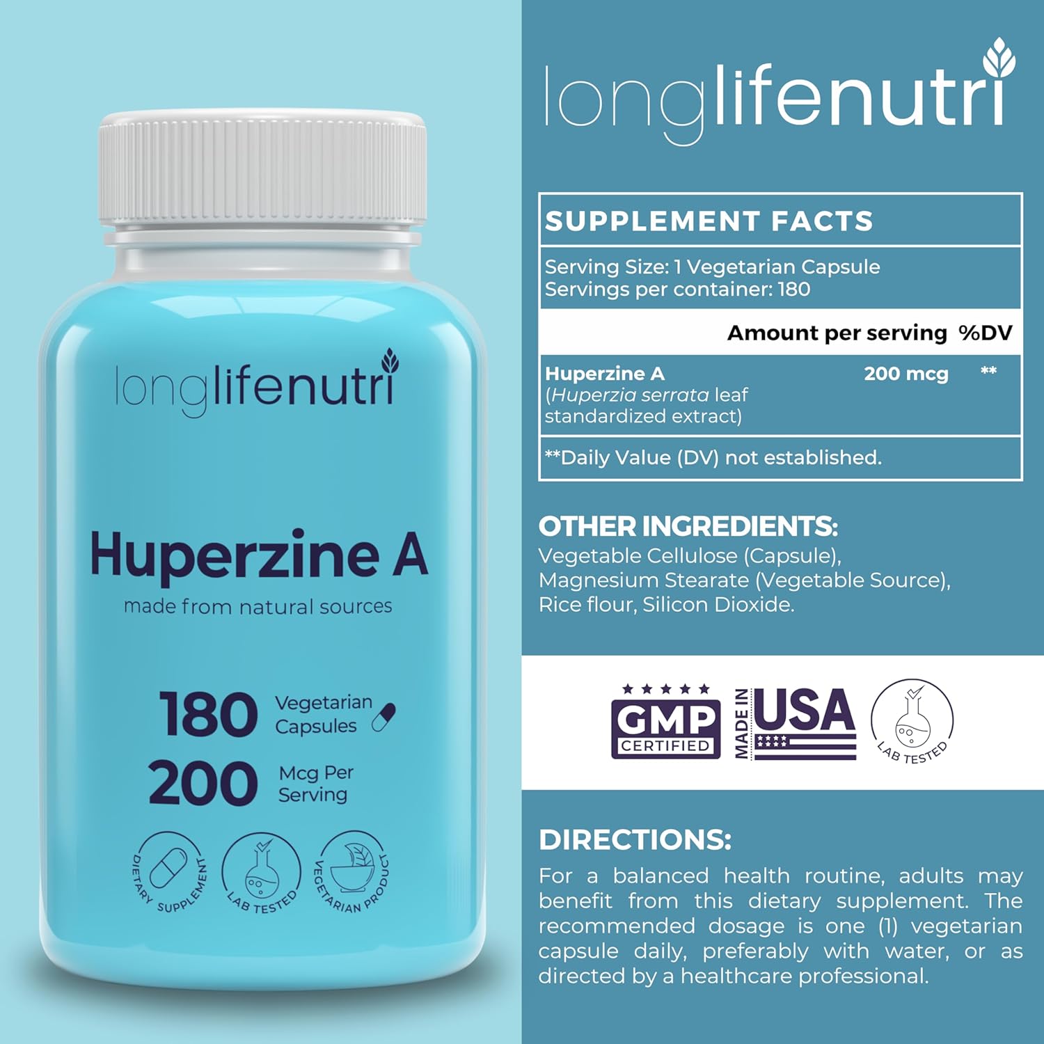 LongLifeNutri Huperzine A 200mcg - from Huperzia Serrata Leaf, 180 Vegetarian Capsules, Natural Brain Nootropic for Focus, Memory, and Clarity, 6 Month Supply, GMP Certified, Made in USA - Image 2