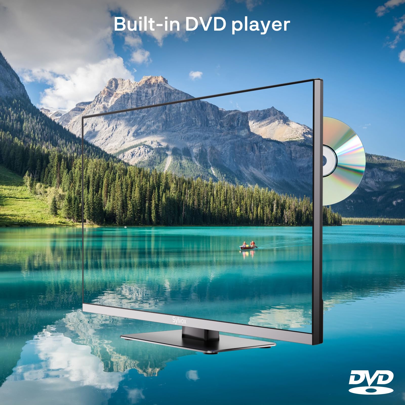 SYLVOX 22" Google 12V TV pour Camping - 1080P, Lecteur DVD Intégré,DVB-T2 | DC 12V Google Television Triple Tuner Intégré DVB-T2/S2 Lunette Extrêmement étroite Téléviseur pour Camping, Salon,Caravane