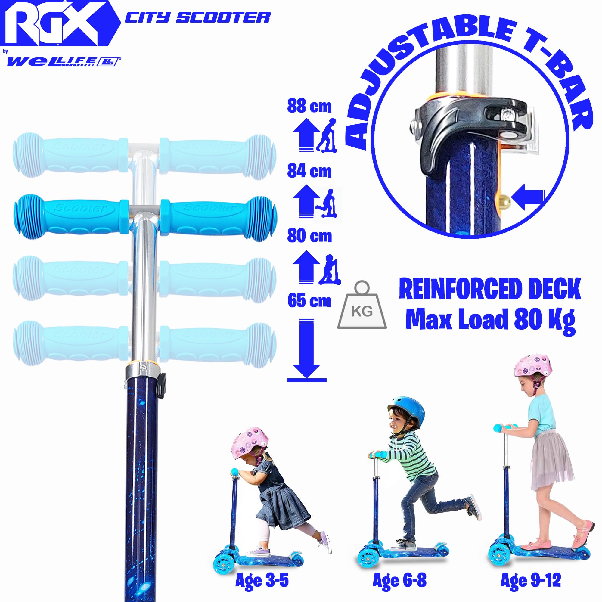 WeLLIFE | Scooter RGX | Patinete para niños de 3 a 12 años | Patinete niño 3 ruedas luminosas LED | Patinete niña con mango ajustable en altura |