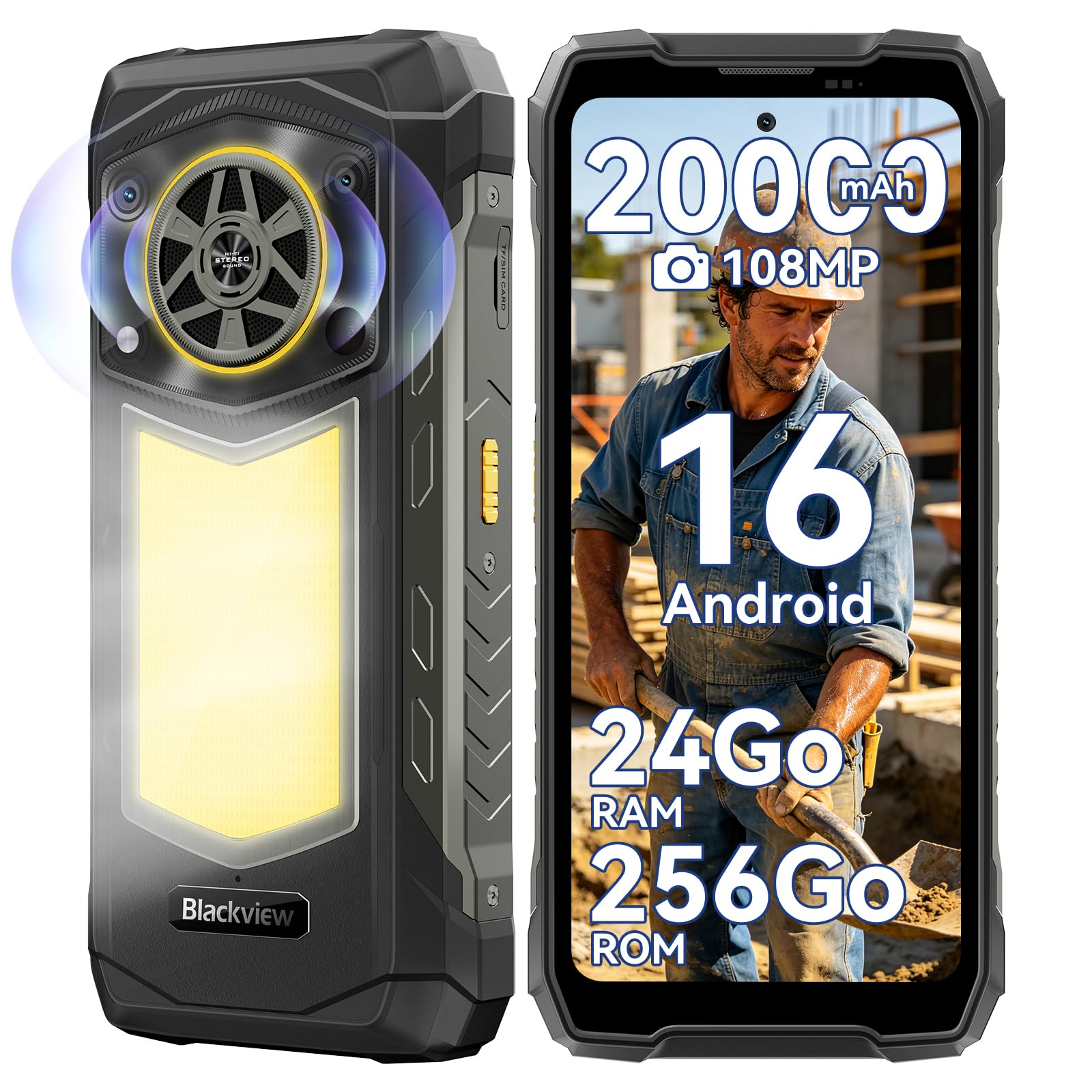 Blackview ROCK 5 Téléphone Incassable 2026, 24Go+256Go/2To Android 16 Smartphone Incassable, 20000mAh Business Telephone, 108MP +50MP +20MP Vision Nocturne, 6.78" FHD+ Display 120Hz IP69K, NFC/OTG/GPS