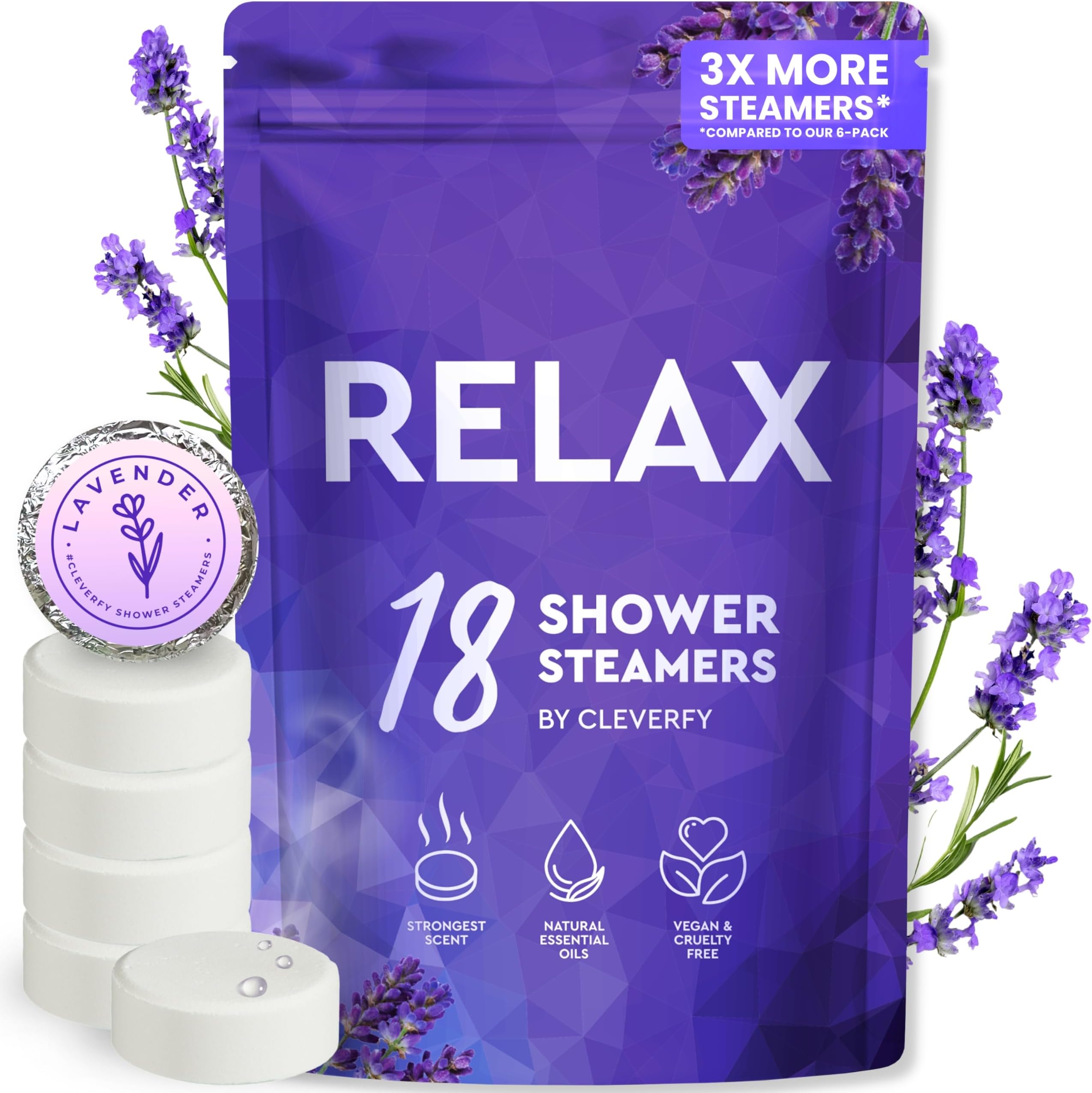 Cleverfy Shower Steamers Aromatherapy - Lavender 18 Pack of Shower Bombs with Essential Oils. Self Care Birthday Gifts for Women and Valentines Day Gifts for Her and Him.