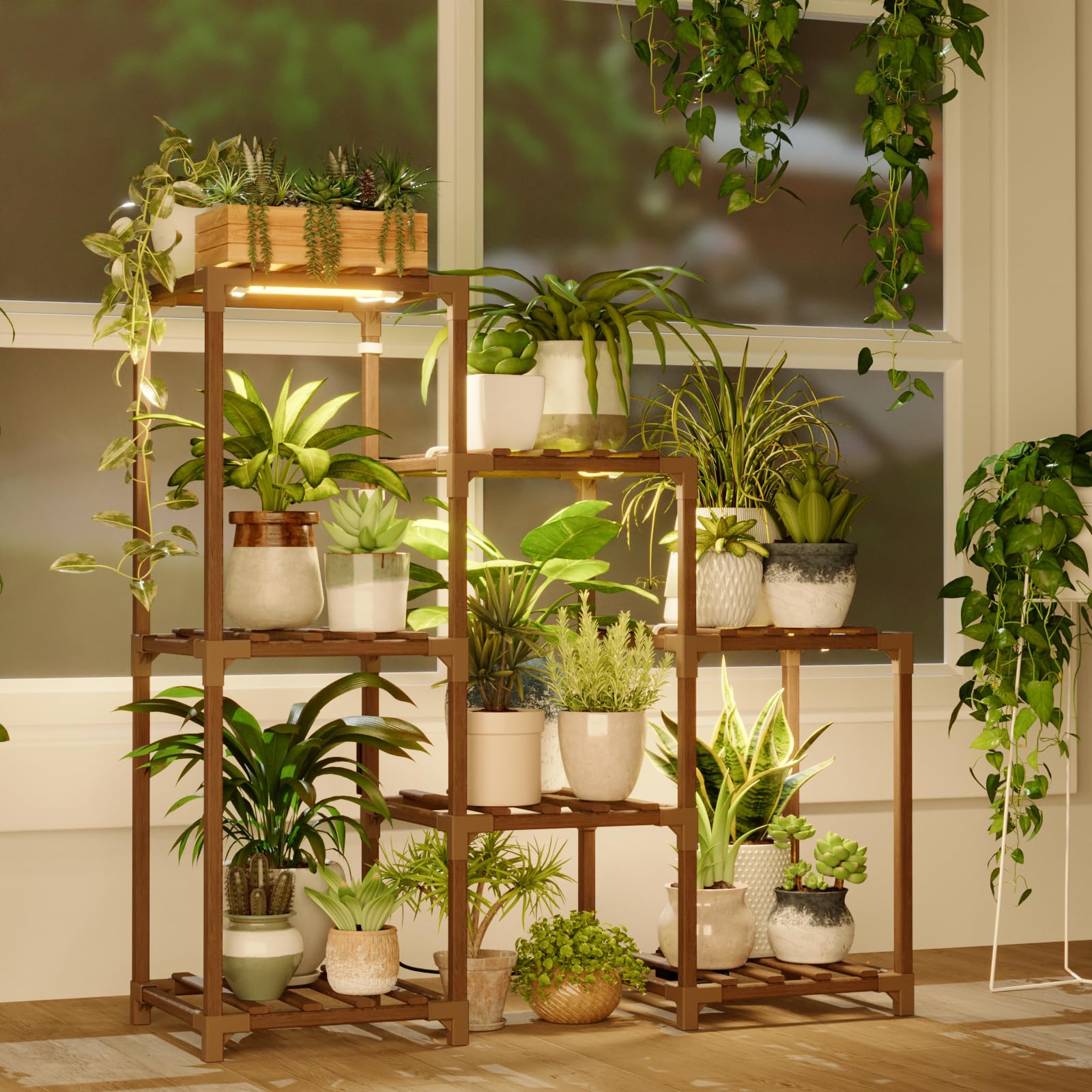 Bamworld Soporte para Plantas de Interior, Estante de Madera para Exterior para Múltiples Plantas, Soporte Escalera de 3 Niveles, 7 Escaleras, Patio (A-Escalera con Luz)