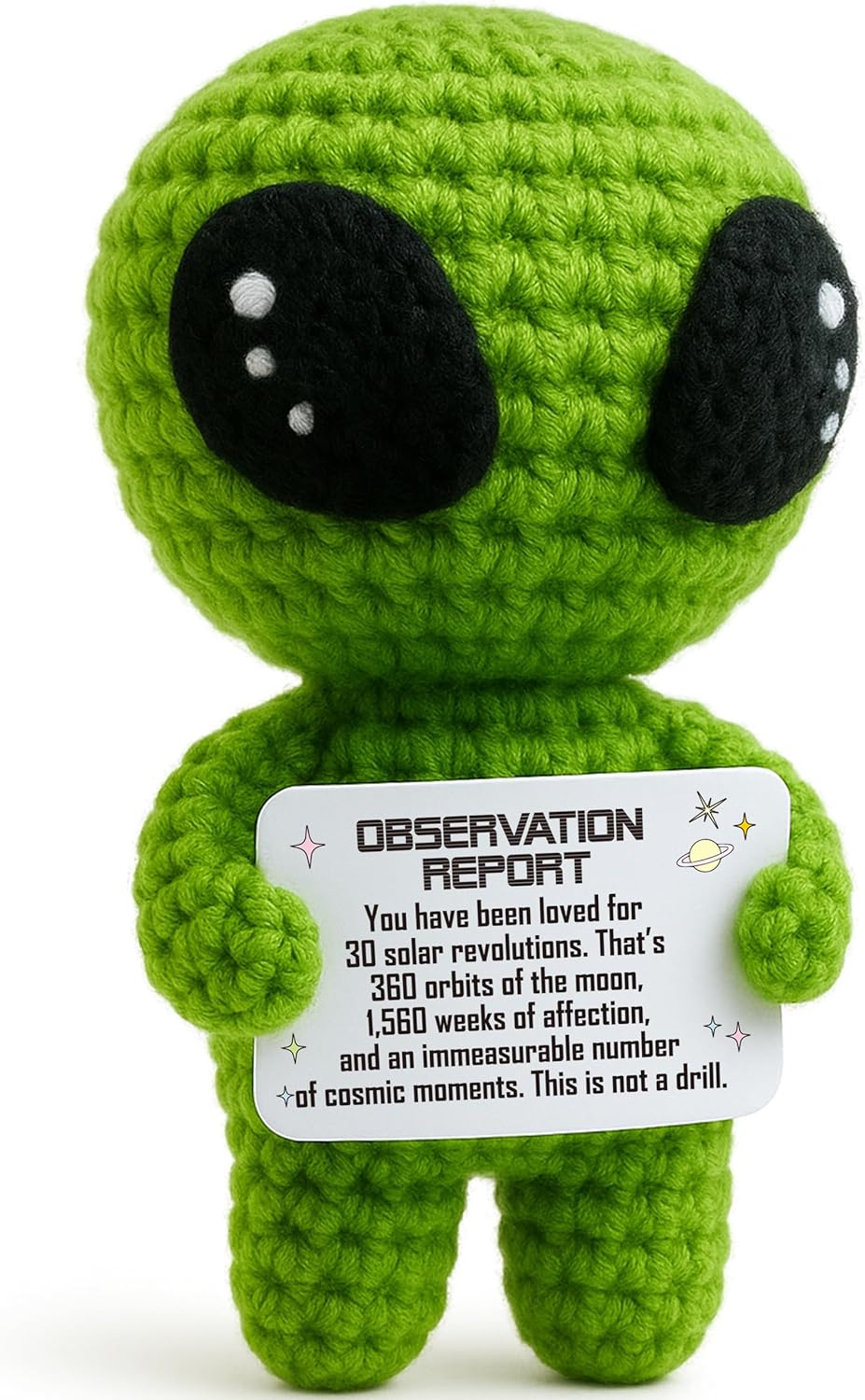 MAMAGIFTREE Happy 30th Birthday Milestone Keepsake – Handmade Crochet Alien Doll with Funny Bday Message – Unique 30 Years Old Gift for Him Her Friend or Family