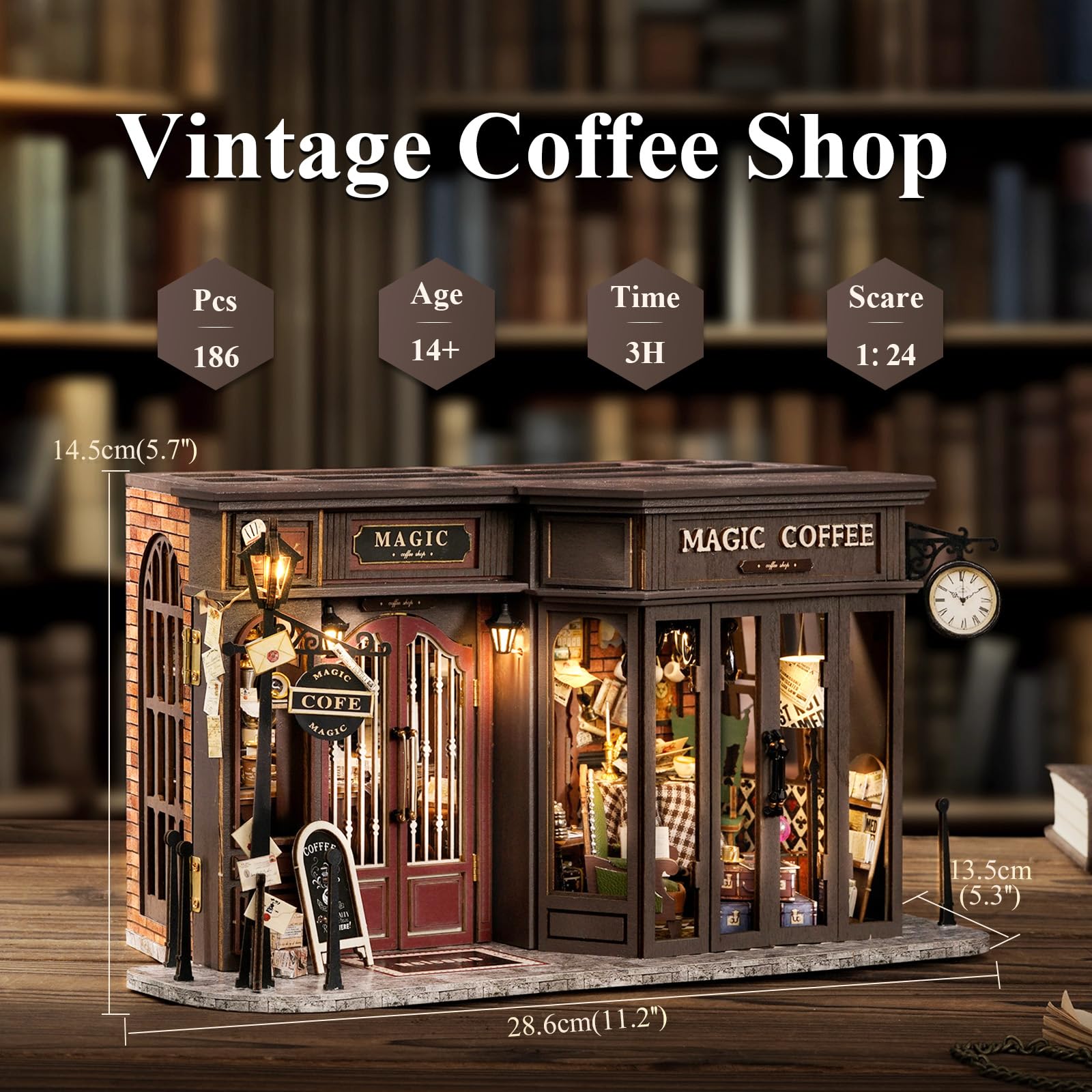 Fsolis DIY Puppenhaus aus Holz, Maßstab 1:24, Puppenhaus-Miniatur mit Möbeln und Staubschutz, handgefertigtes Handwerk, Miniatur-Puppenhaus-Set für Teenager und Erwachsene (Vintage Coffee Shop)