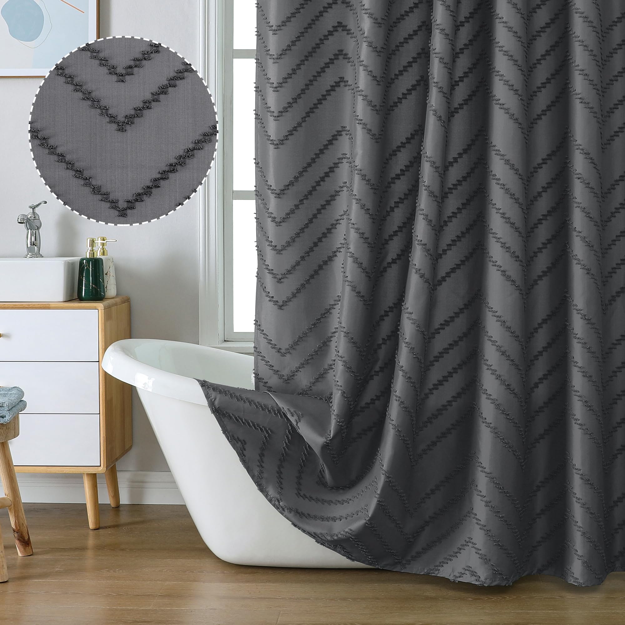 Chyhomenyc Chevron Grey Boho Shower Curtain 72x72 inches, Fabric Shower Curtain Modern Chic Textured Tufted Chevron Striped Minimalist Hotel Bathroom Shower Curtain