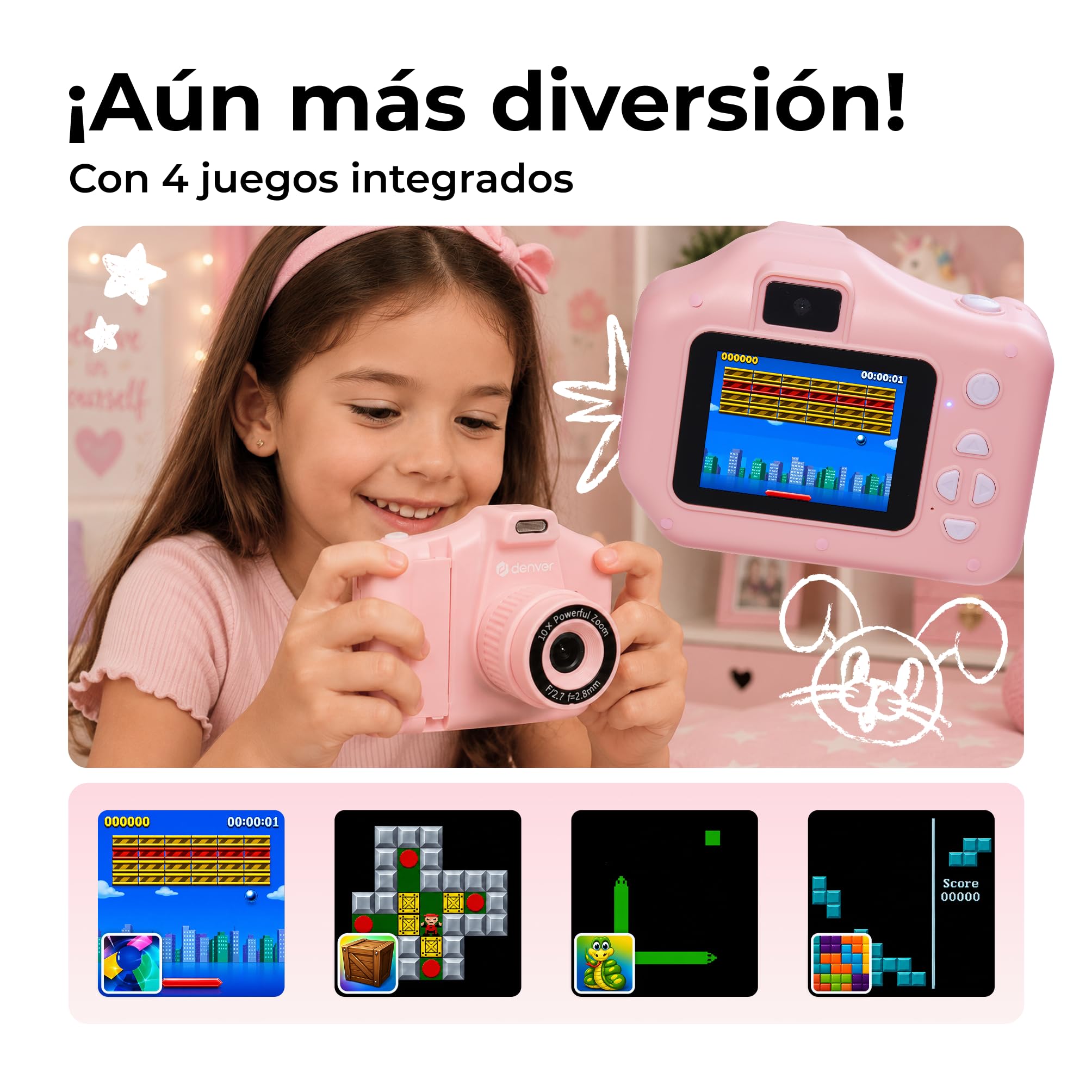 Denver KPC-1370 Cámara Infantil con impresión térmica Rosa, Pantalla 2,8”, vídeo 1440p interpolado, 3 Rollos incluidos