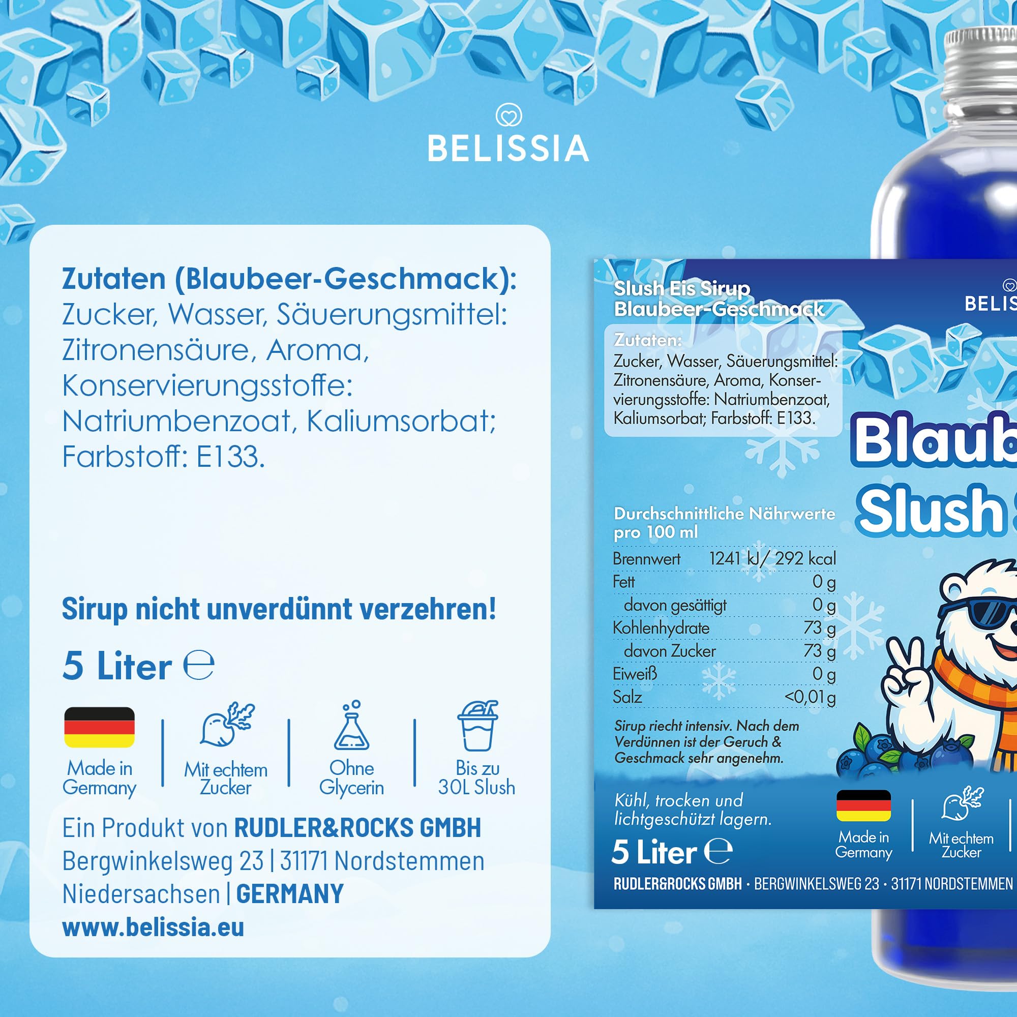 Belissia Slush Eis Sirup 5L Konzentrat | Blaubeer Geschmack | sehr ergiebig in knalligen Farben (1:5) für bis zu 30L | Glycerin frei – für Slush-Eis - Maschinen & Wassereis
