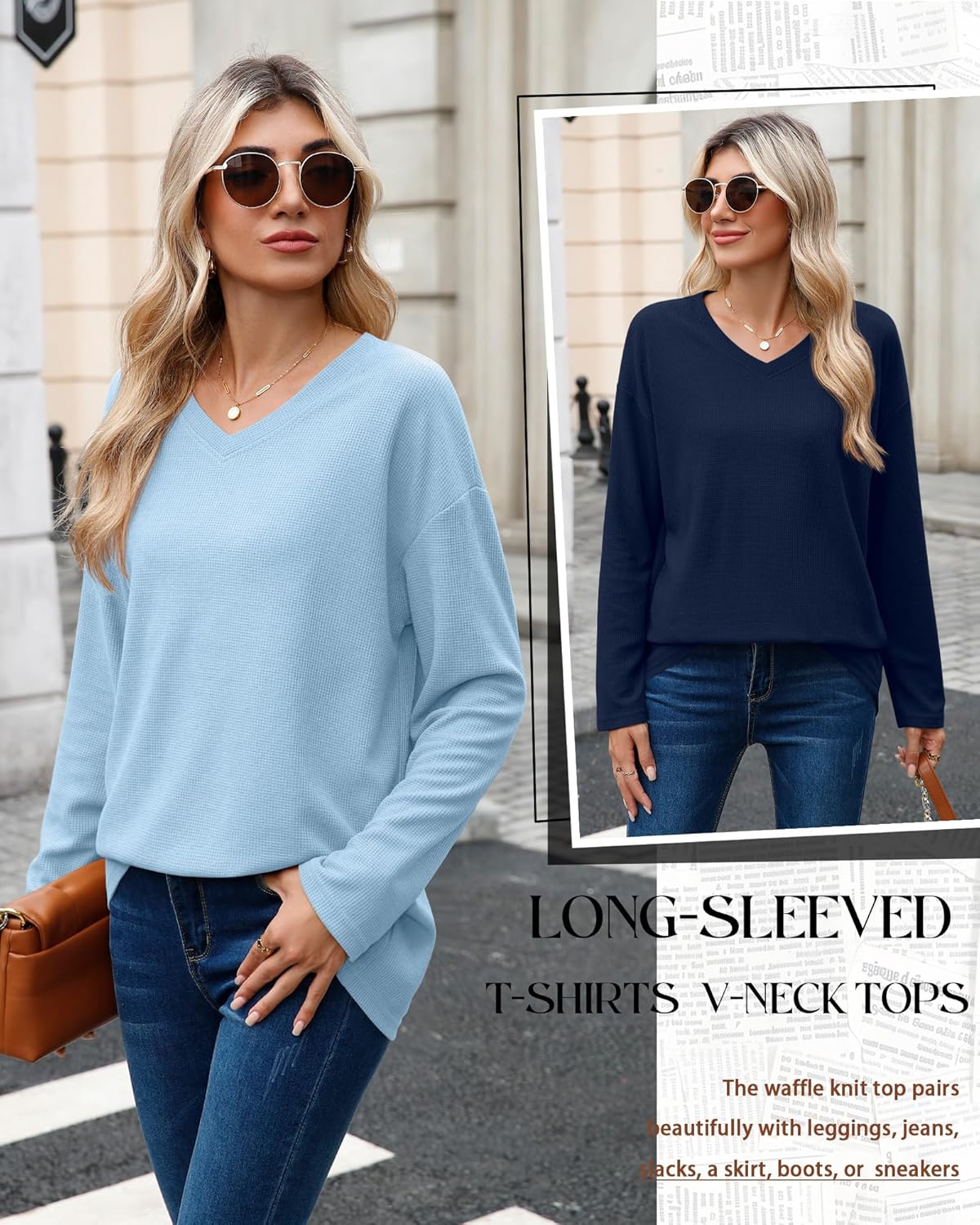 3 Pack Women's Oversized Waffle Knit Shirts, V Neck Long Sleeve Top Fall Casual Sweatshirt for Women