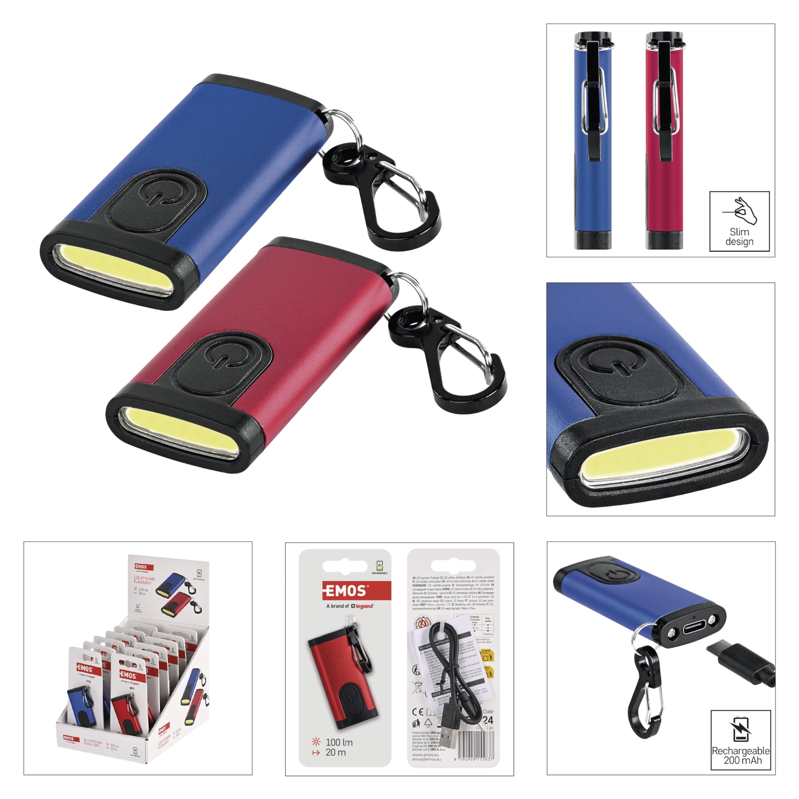 EMOS - Linterna LED recargable con clip en 2 colores cada 6 unidades – 3 modos de luz - Flujo luminoso de 100 lm, alcance de 20 m - Batería Li-pol de 200 mAh 3,7 V – 4,5-8 h de uso - Incluye cable de