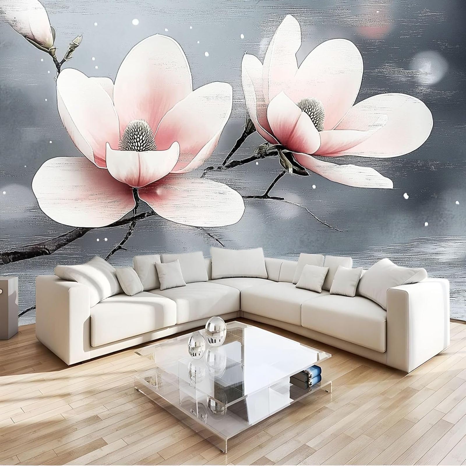 Hgjdjhnf 3D Background Non-Woven Photo Wallpaper Abstract Magnolia Pink Artwork Wall Decor Living Room Bedroom Home Grey 150Cm X 105Cm