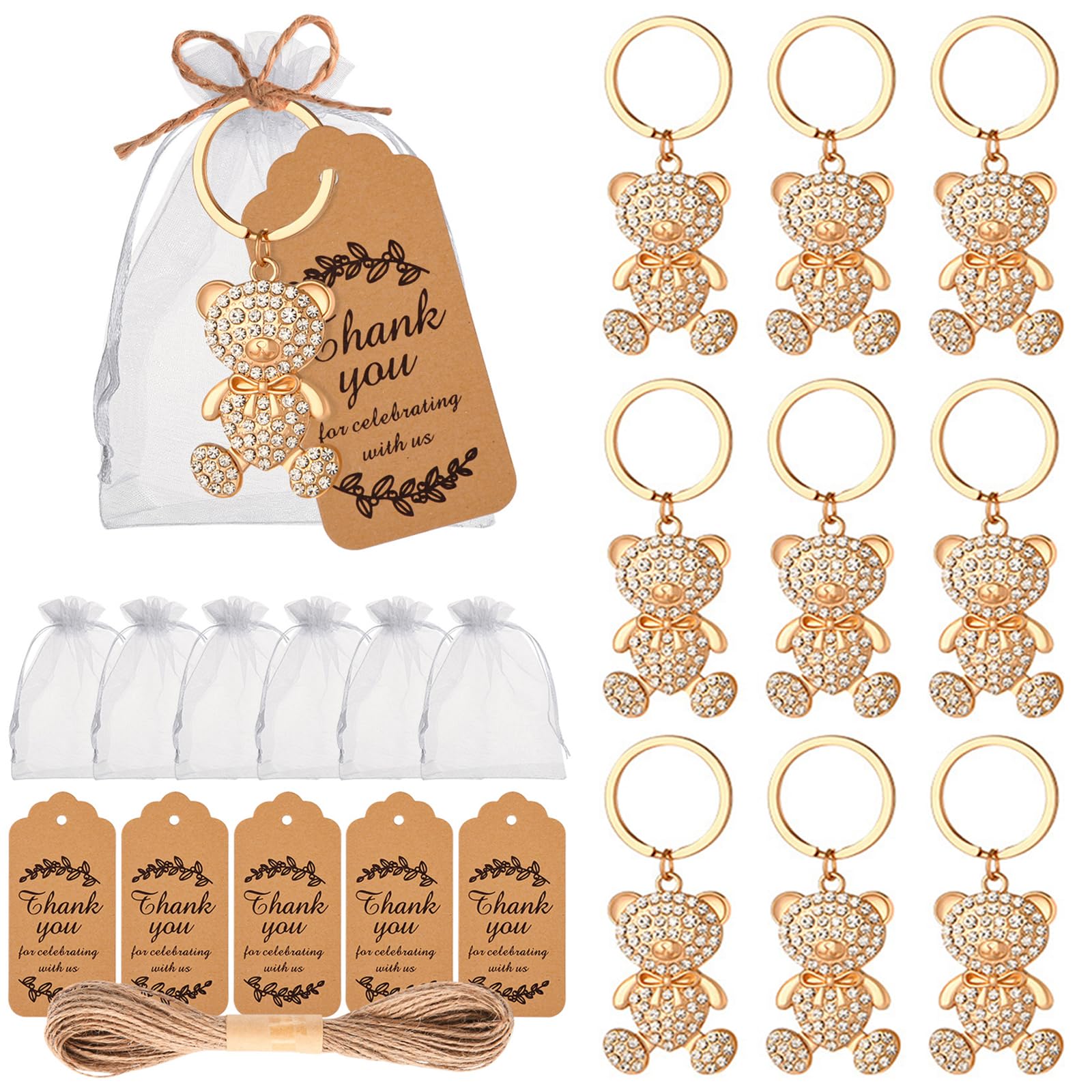 50 Stück Strass-Bär-Schlüsselanhänger, Babyparty, Party, Gastgeschenke, Hochzeit, Braut, Geburtstag, Souvenirs für Gäste, niedlicher Bären-Schlüsselanhänger mit Etiketten, Taschen (Gold)