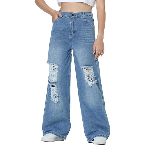 EXARUS Girls Jeans Baggy Pants Wide Leg/Flare/Skinny Teen Ripped Denim Tween Clothes Outfits Preppy Casual Kids 6-14Y