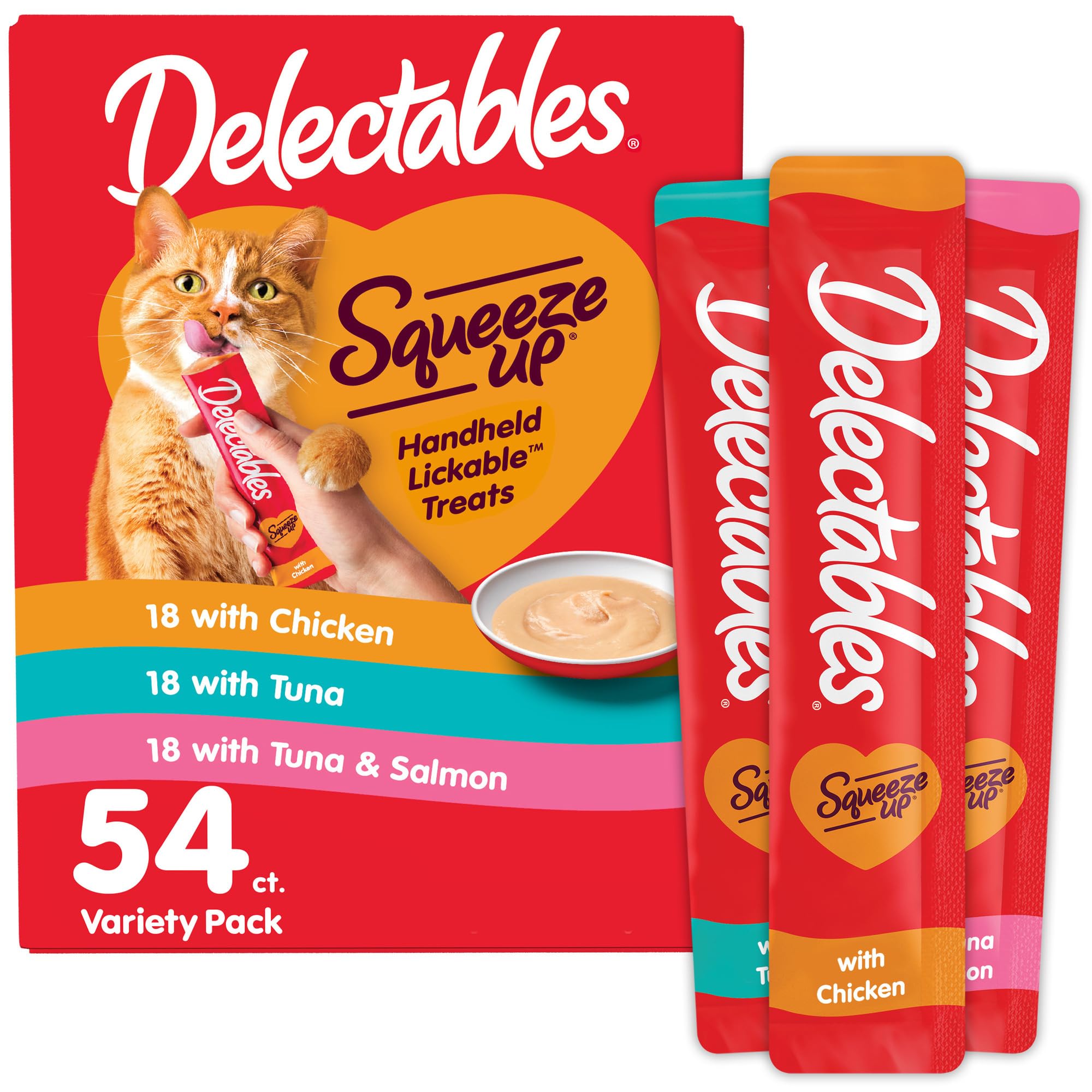 Delectables Squeeze Up Variety Pack, Creamy Squeezable Puree, Lickable Wet Cat Treats, Grain Free, No Added Fillers, No by-Products, No Added Preservatives, 0.5 Ounces Tube, 54 Tubes Total