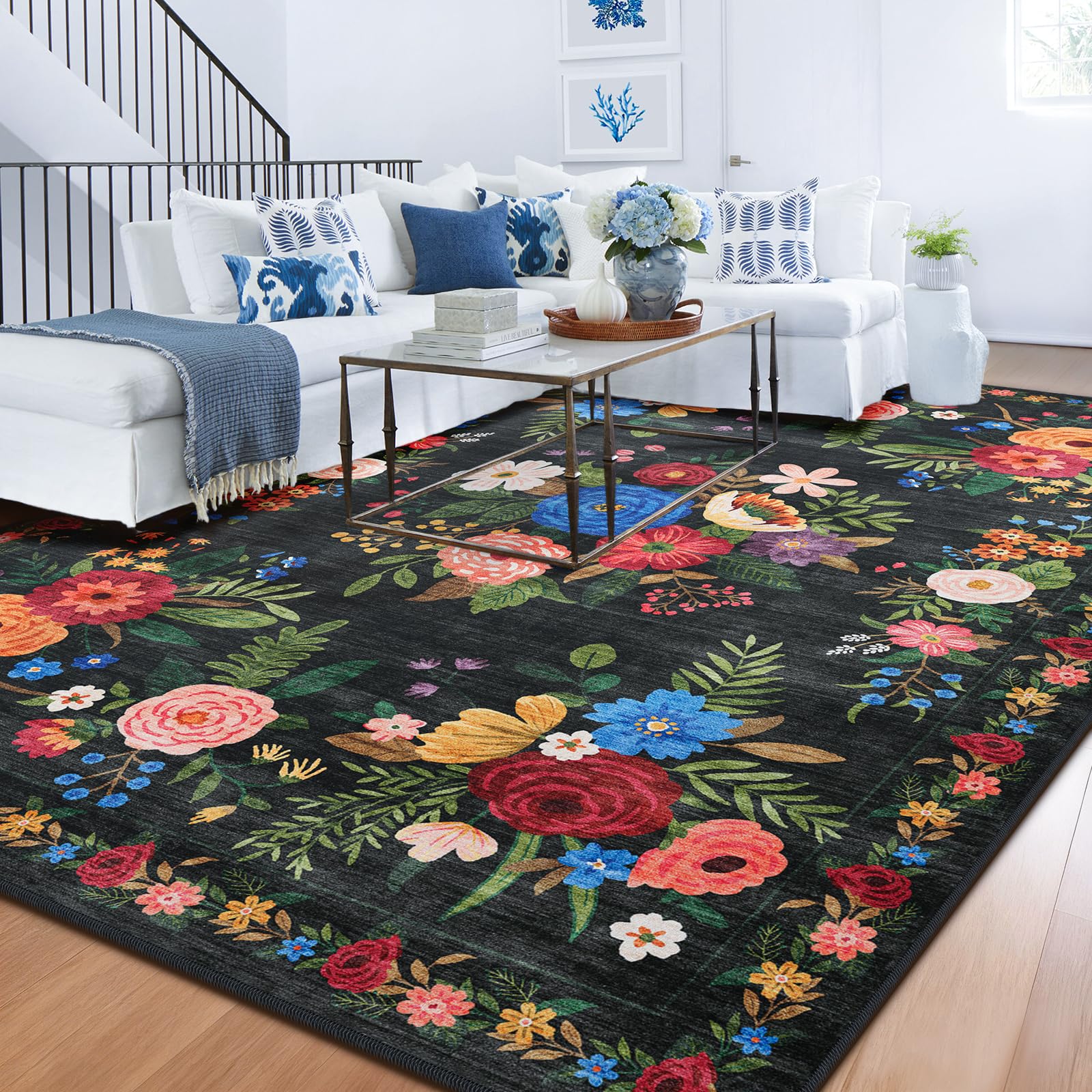 BYBSRLL Groß Vintage Teppich Wohnzimmer 240x300 cm Waschbar, Boho Blumenmuster, Weich & rutschfest Kurzflor Teppiche Gegend Für Schlafzimmer, Esszimmer, Kinderzimmer, Büro, Schwarz
