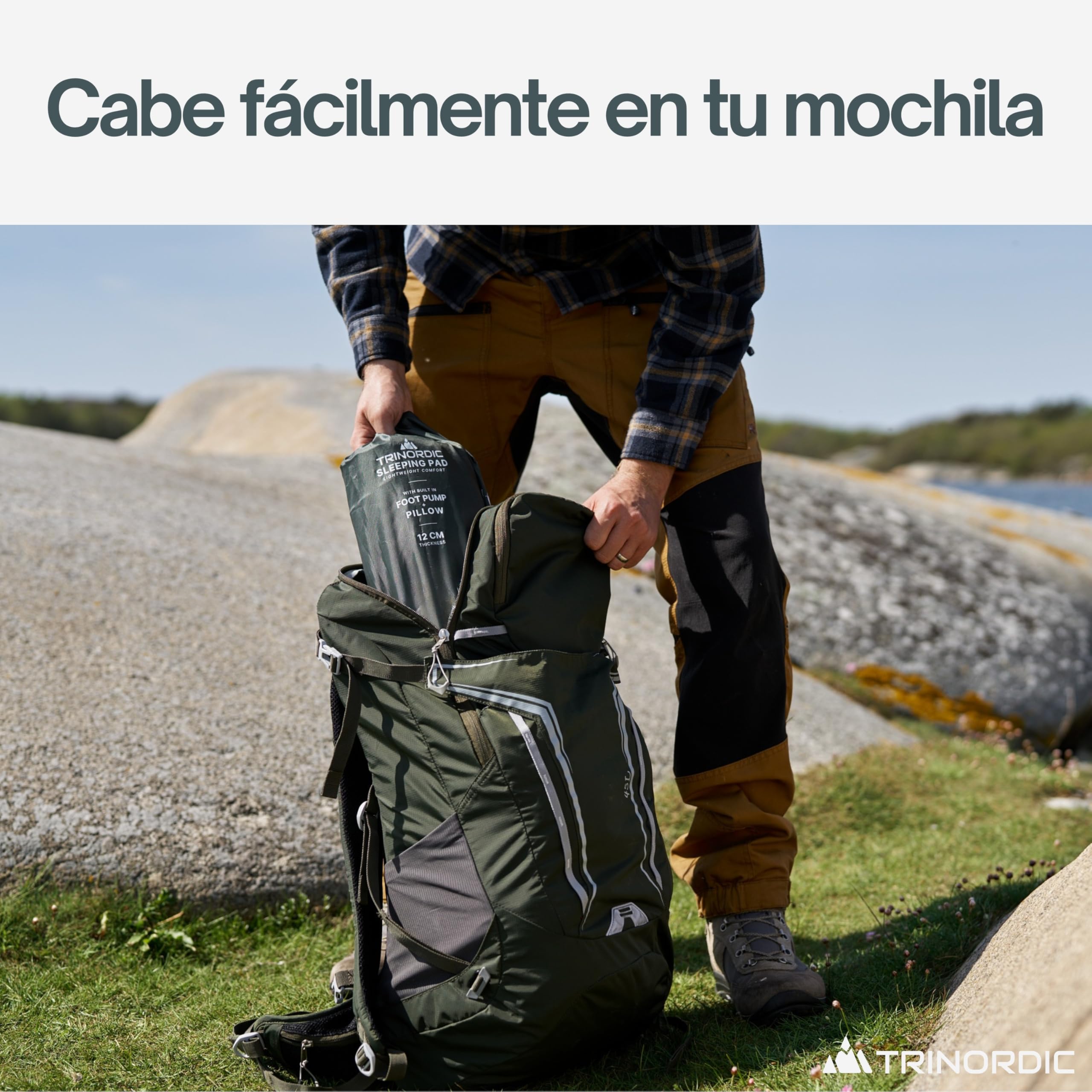 Trinordic Colchon Hinchable Grueso Camping - 12 cm Extra Grueso y Ancho con Bomba de Pie y Almohada - Esterilla de Camping Ligera para Viajes de Aventura al Aire Libre, Senderismo y Bikepacking