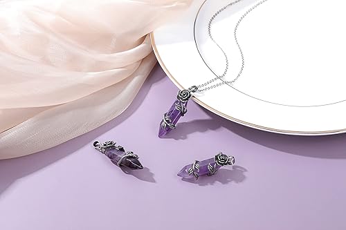 Miniatura 2 de PESOENTH Collar de cristal de amatista, collar de piedra hexagonal de cristal curativo, collar de plata envejecida, envuelto en flores moradas,