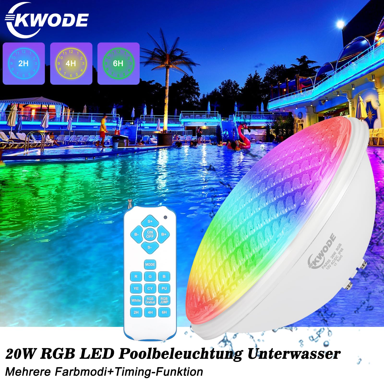 LED illuminazione della piscina PAR56, illuminazione della piscina di 36W RGB, IP68 luce temporizzazione 2/4/6H, controllo dell'interruttore delle luci della piscina del riflettore subacqueo