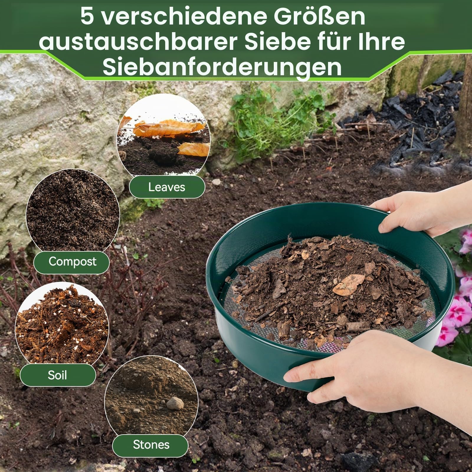 CDIYTOOL 8pcs Gartensieb Set, 30cm Rund Erdensieb Garten Potting Mesh Sieb mit 5 Filtern 3/5/8/10/12mm für Erde, Steine, Unkraut, Katzenstreu, Kompost