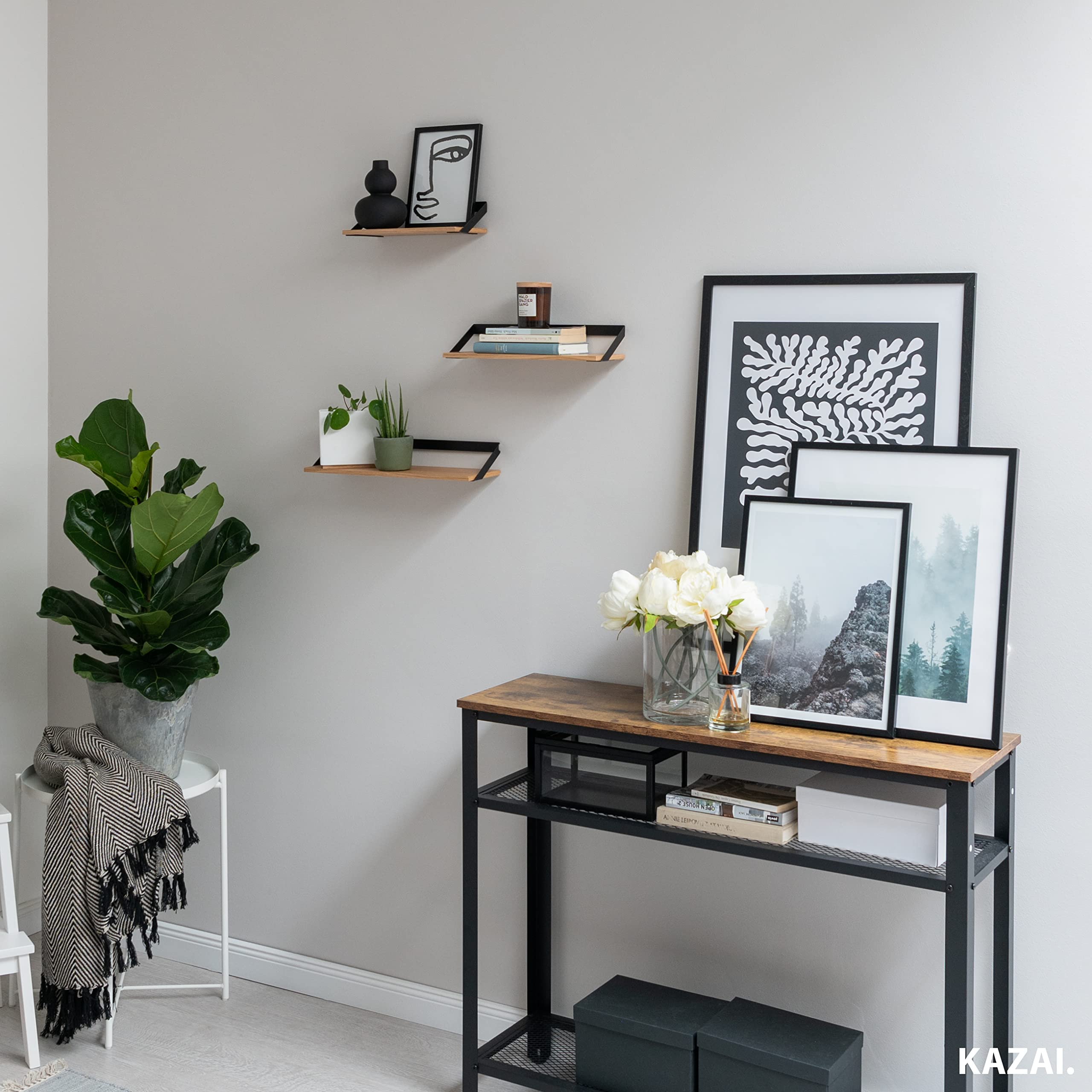 Kazai. Mensole -Finn- | Set Mensole Sospese in 3 Parti in Metallo e Impiallacciatura in Vero Legno | Decorazione da Parete, Contenitore e Mensola per Soggiorno, Cucina, Camera Letto | Quercia