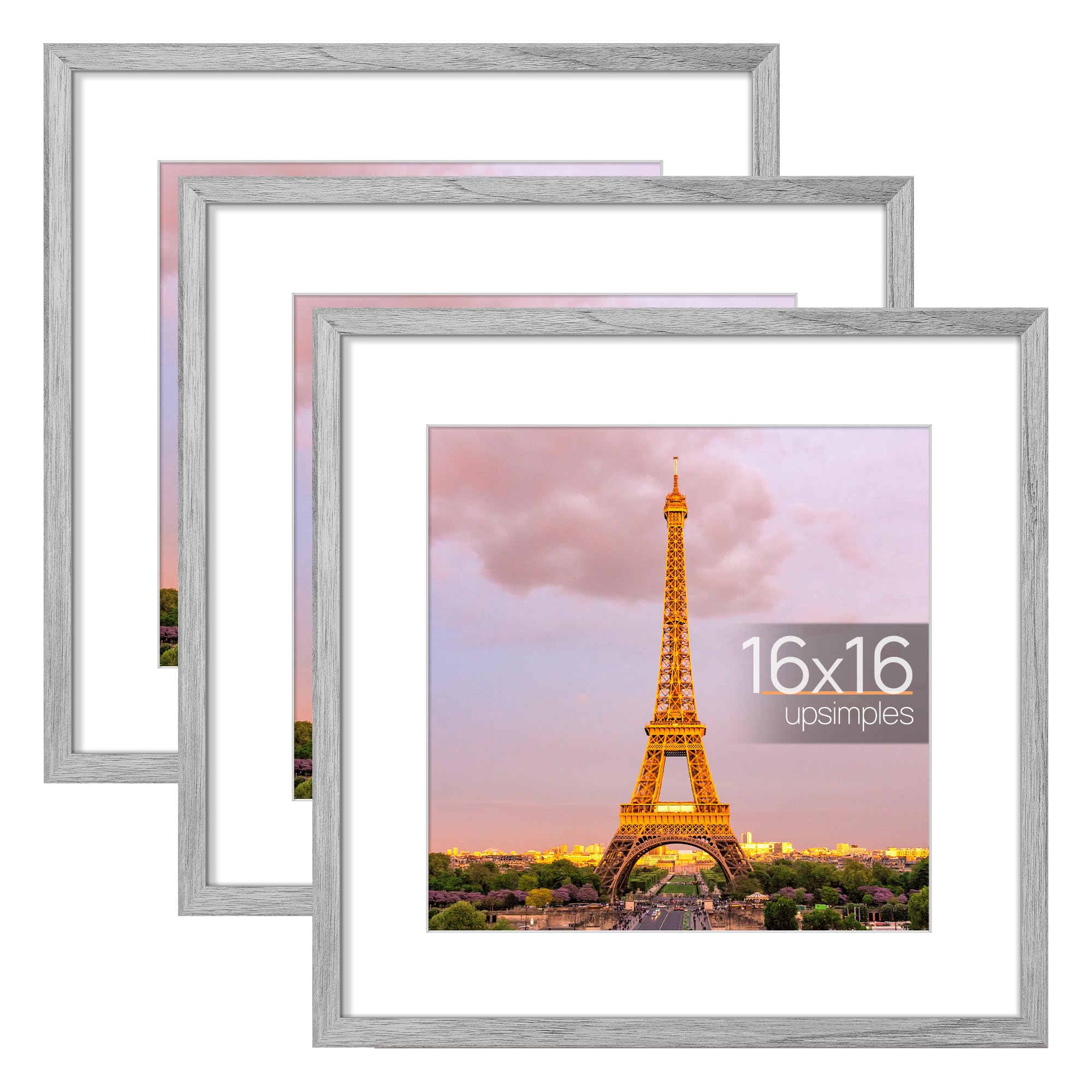 upsimples 16x16 Picture Frame Set of 3, Made of High Definition Glass for 12x12 with Mat or 16x16 Without Mat, Wall and Tabletop Display Photo Frames, Gray
