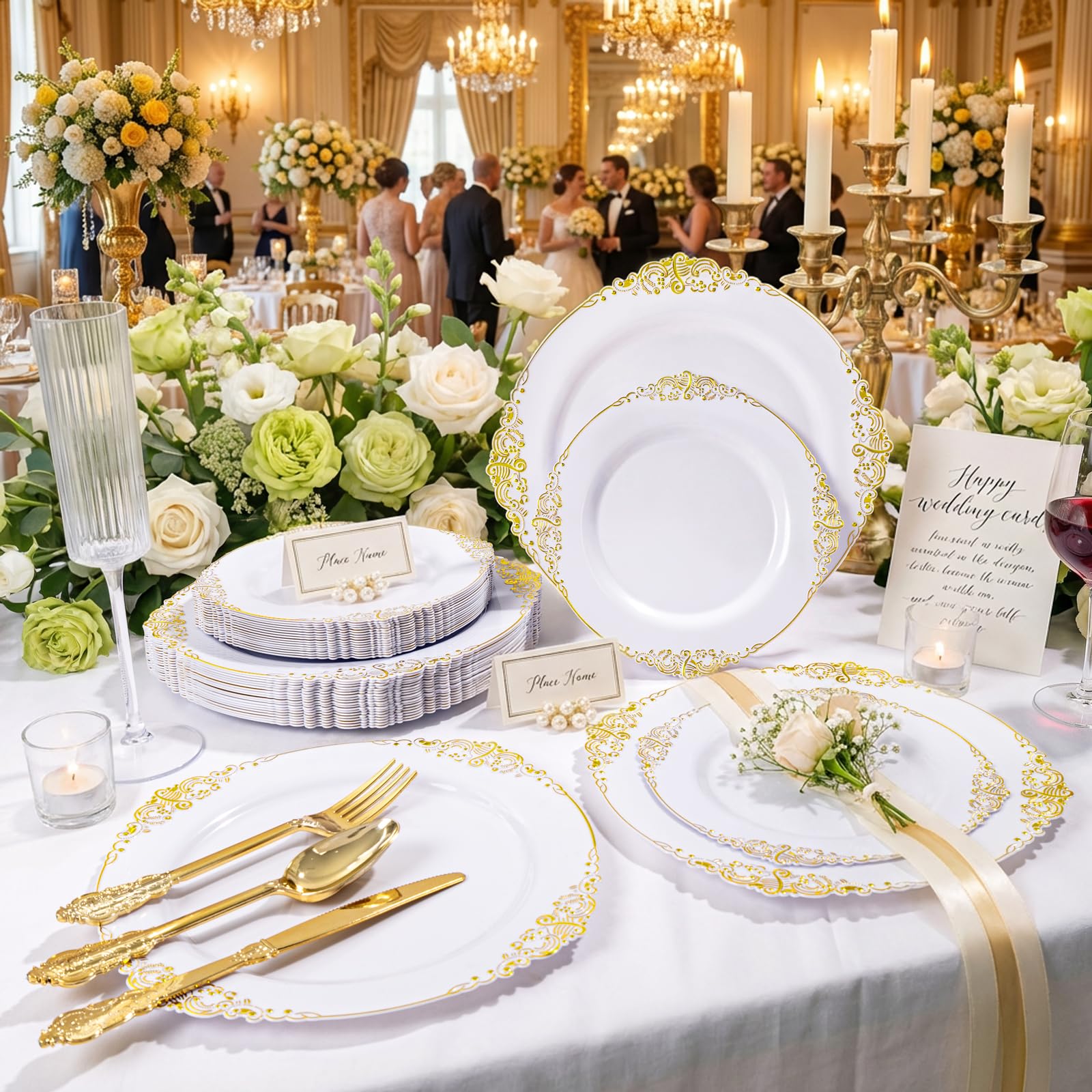 Wedding Plates & Silverware Set - 125PCS Gold & White -3