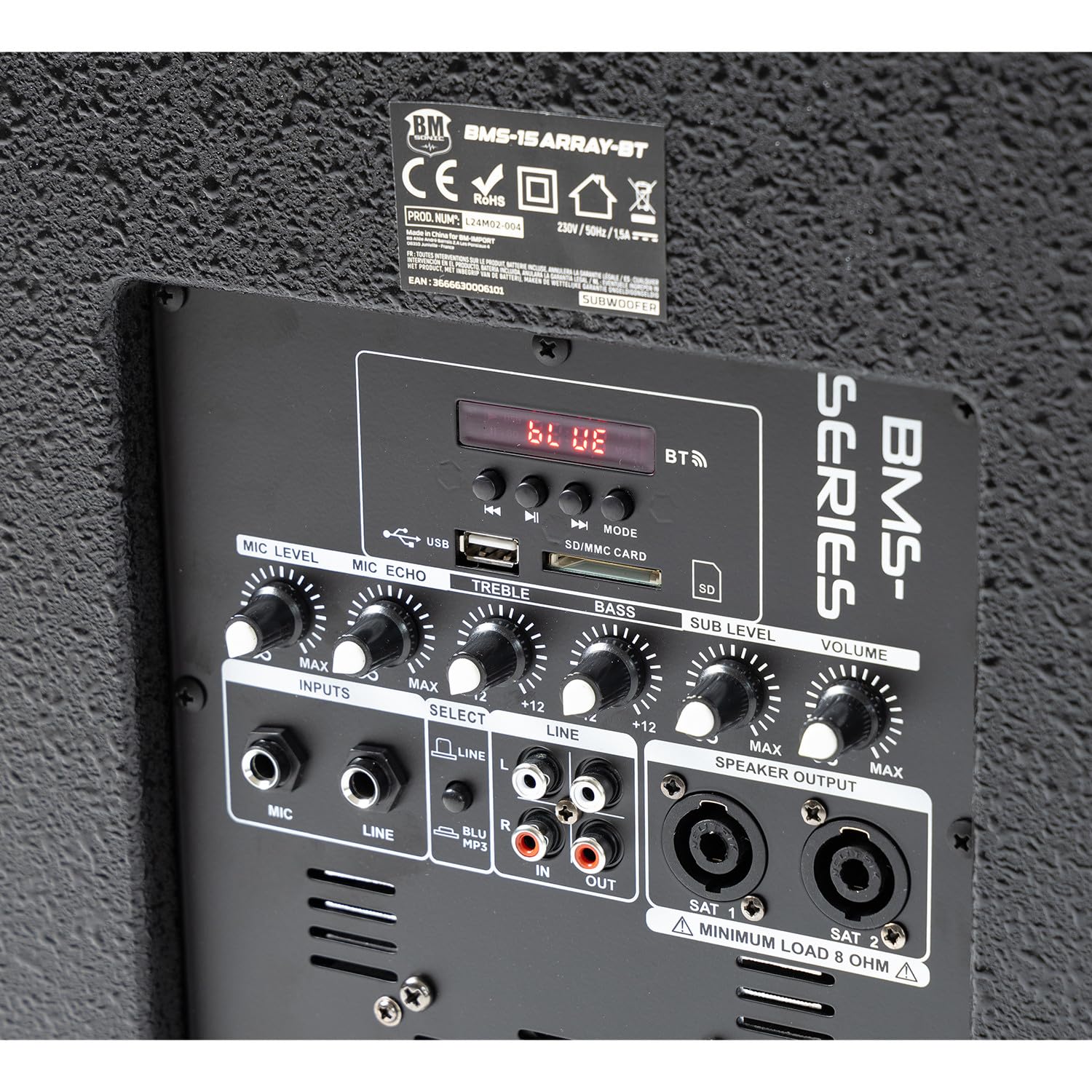 Pack Sono DJ 1200W Complet BM Bmsonic BMS-15-ARRAY-BT Enceintes +SUB 38cm USB/Bluetooth, Câbles, Eclairage LED Bar Salle des fêtes