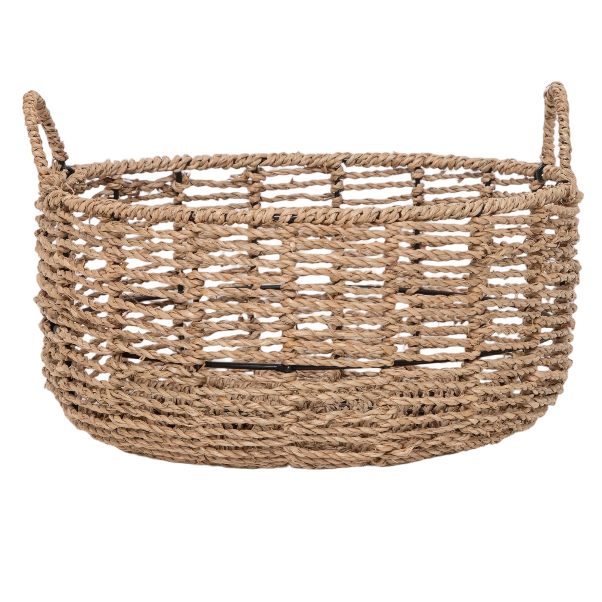 Panier de rangement rond fabriqué en jonc de mer avec poignées (30,5 cm de profondeur x 14 cm de hauteur)