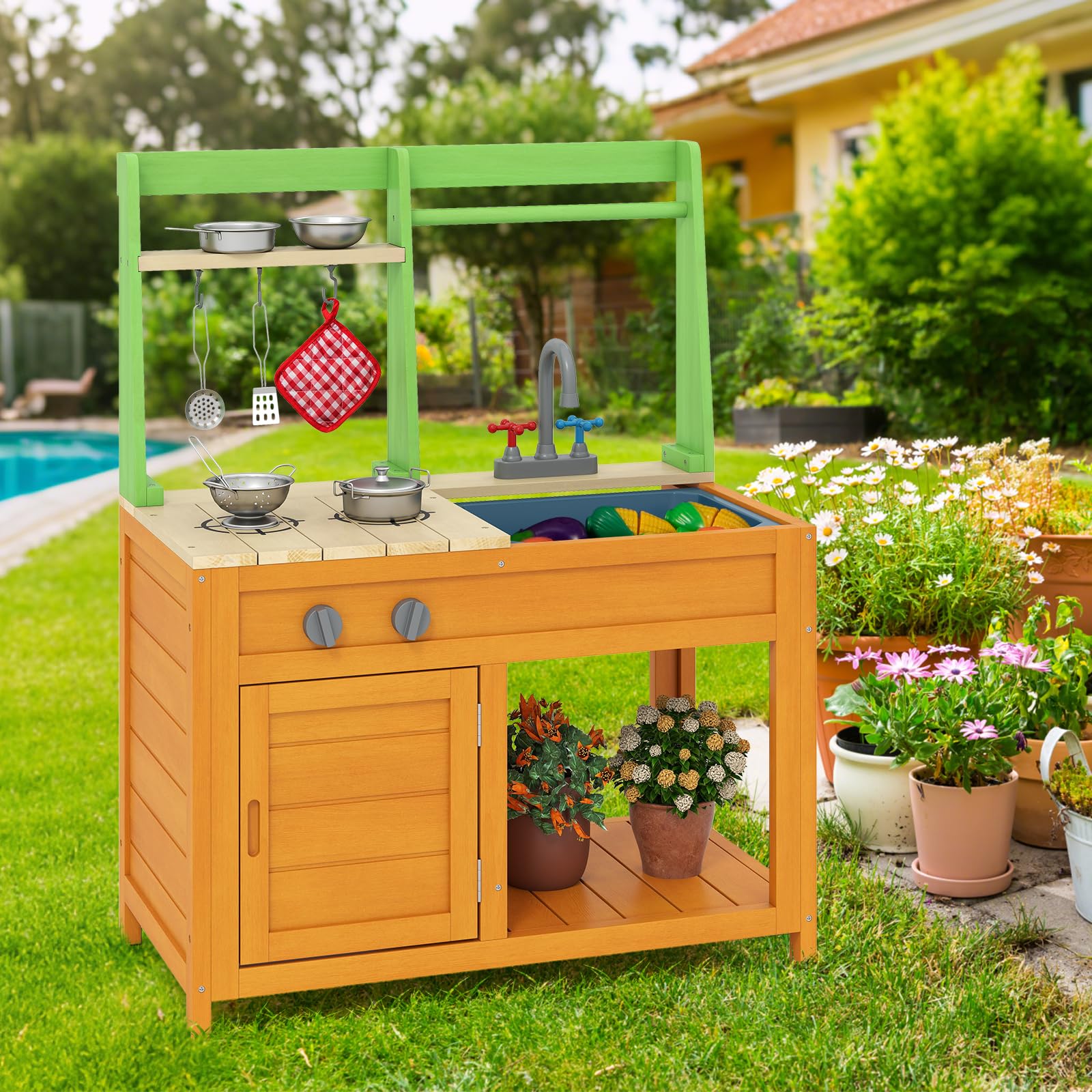 GYMAX Cucina Giocattolo in Legno per Bambini, Cucina da Esterno con Fornelli, Lavello, Rubinetto, Suoni, Accessori Ricchi e Ripiani Aperti, Giocattolo Interattiva per Bambini 3+ Anni