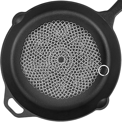 Limpiador de hierro fundido prémium de acero inoxidable 316L para sartén de hierro fundido sartenes y utensilios de cocina presazonados redondos 7