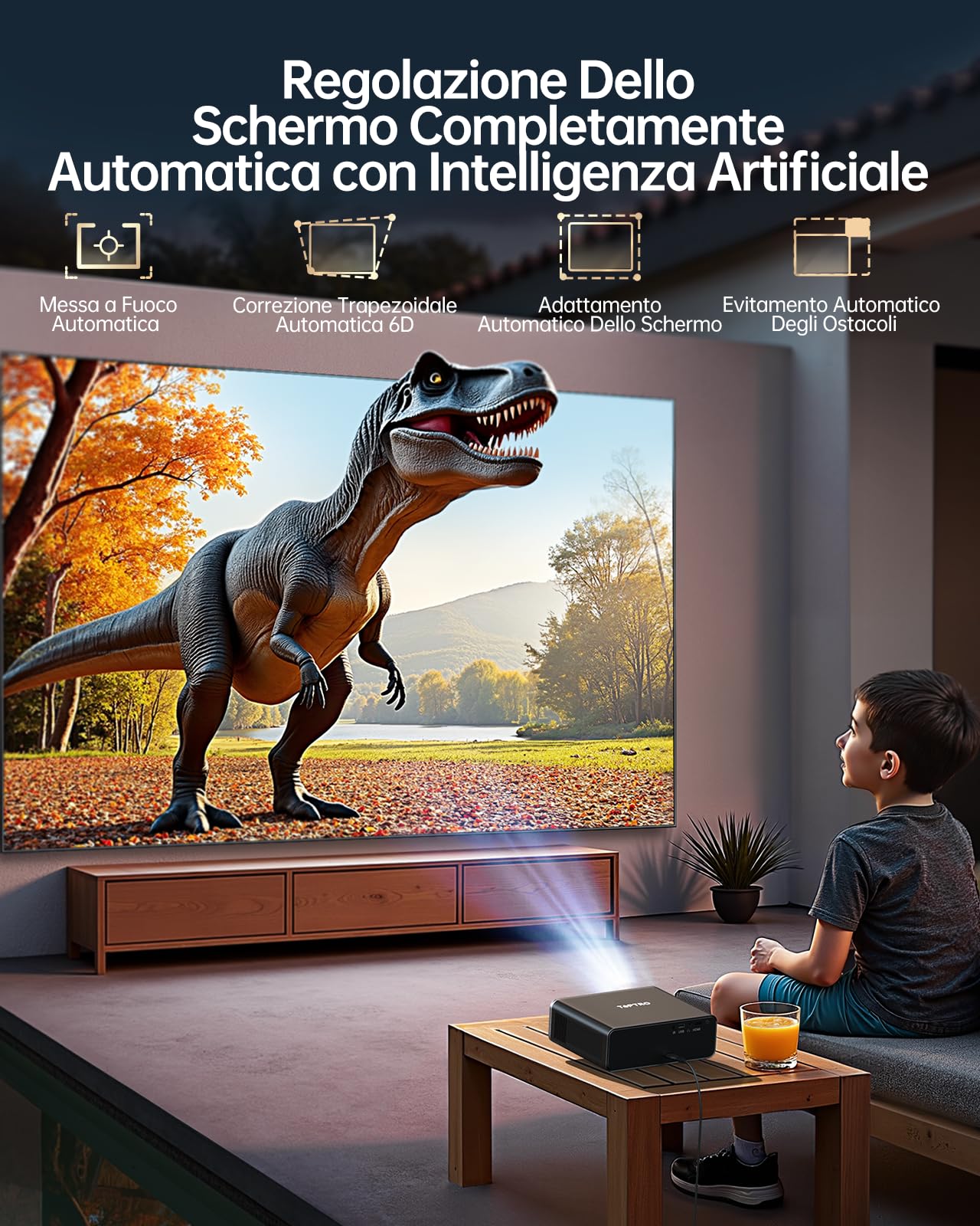 Proiettore 4K[Ufficiali Netflix e Dolby]1000 ANSI Regolazione Auto Dell'immagine AI Proiettore Portatile per Home Theater e Esterno WiFi 6 Two-way Bluetooth 5.3 Videoproiettore TOPTRO A1
