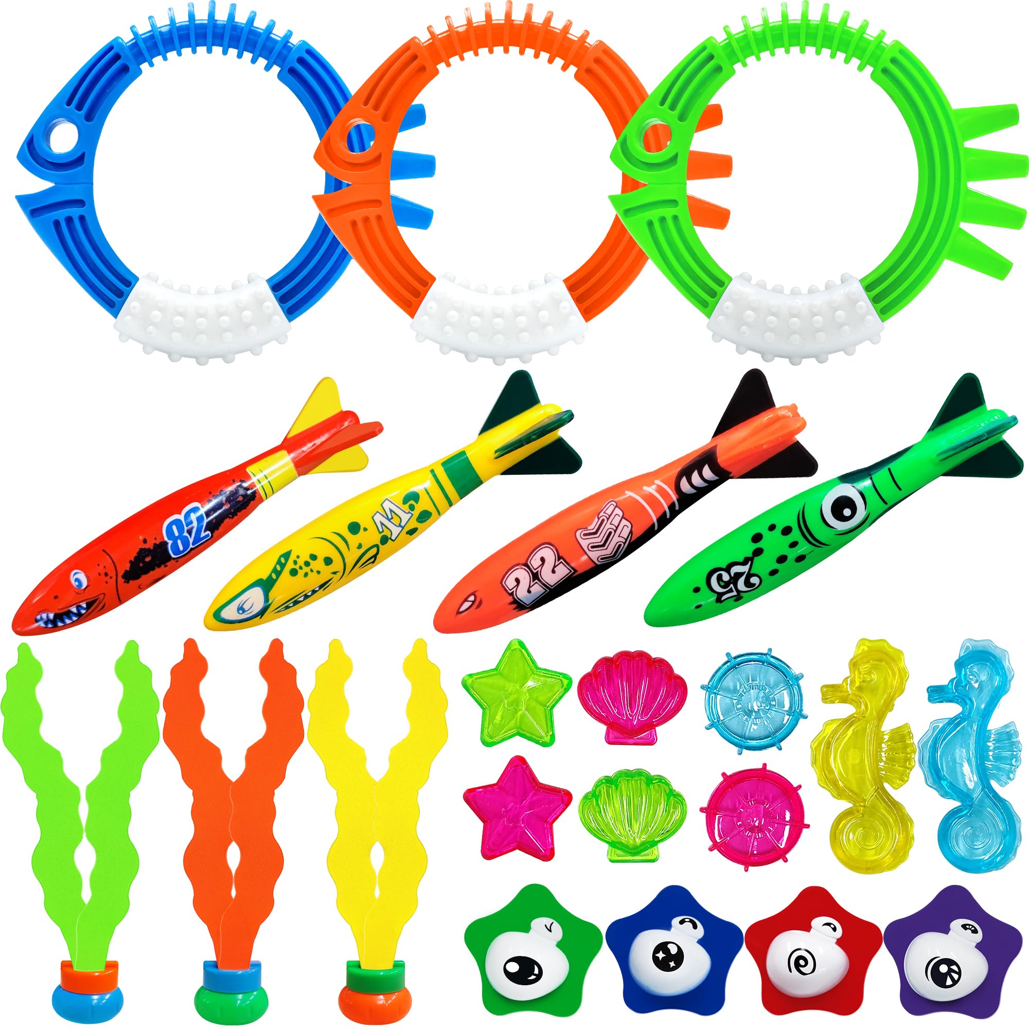 22Pcs Swimming Pool Toys with Dive Sticks Fish Toy Diving Seaweed, Sinkers for Swimming Kids Water Toys for Summer, Includes Carrying Bag