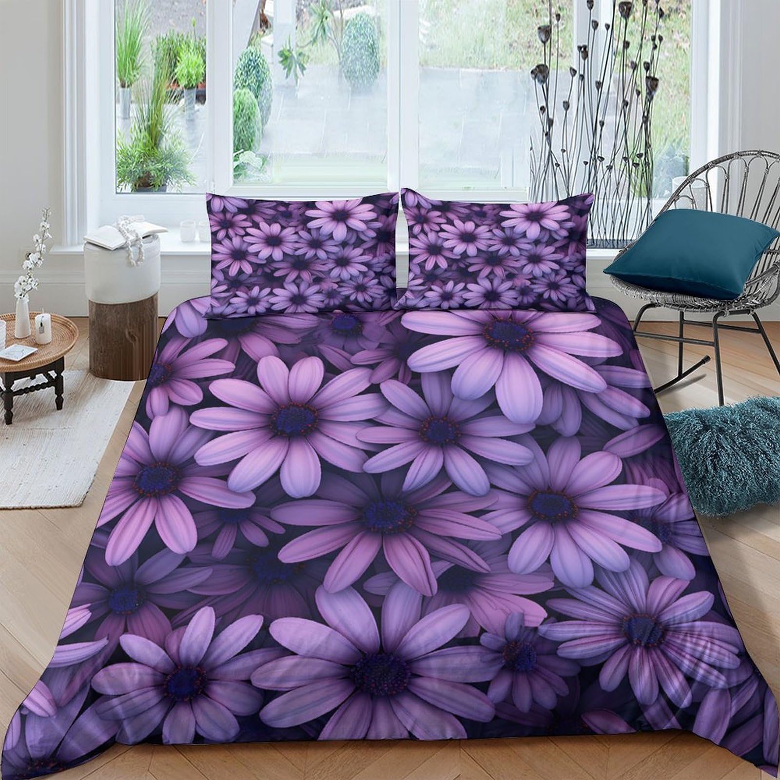 XFKLYNVCJ 3D Printed Purple daisies Quilt Cover Brushed Microfiber Botanical floral design Bed Cover Machine Washable Hypoallergenic for Teen Bedroom Young Adults Rental Flat Use King（220x240cm）